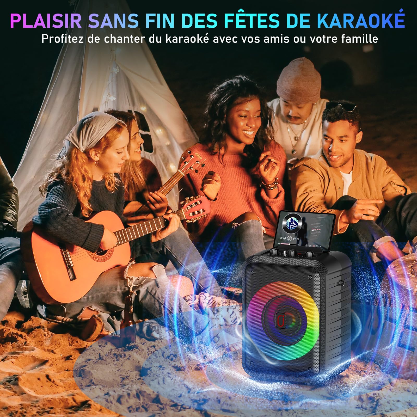 HWWR Karaoke Adulte, 120W Enceinte Karaoke 2 Micro sans Fil, Haut-Parleur Bluetooth Portable, Système de Sonorisation Professionnel avec Lumières LED pour Fête à Domicile, Support TF/USB/AUX/TWS
