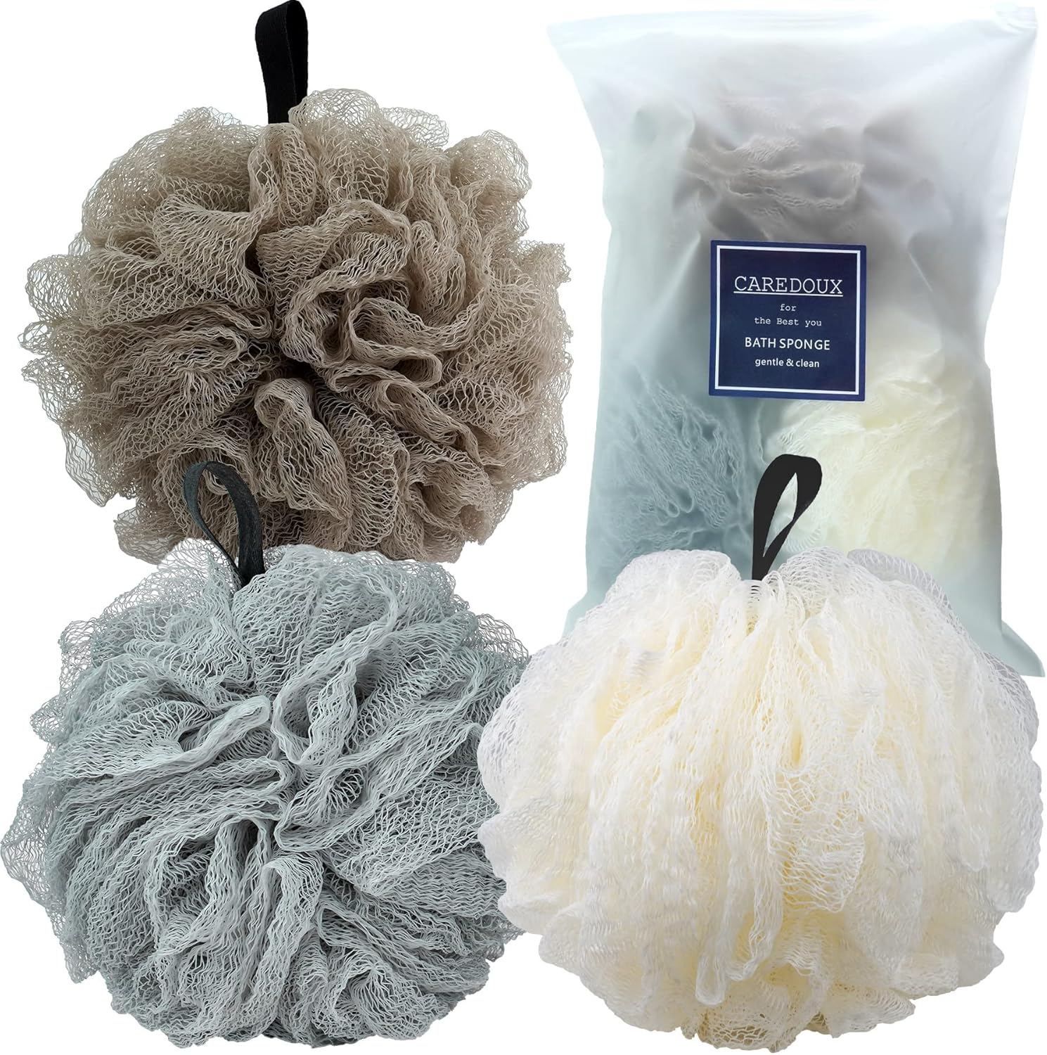 Caredoux 3 Pack Extra Large 75g Hard Exfoliating Bath Sponges, Loofah Sponge, Easy Exfoliating, Shower Sponge for Body Wash, Patented Netting Technology, Bathroom SPA, Cleaning Bathing Accessories : Everything Else