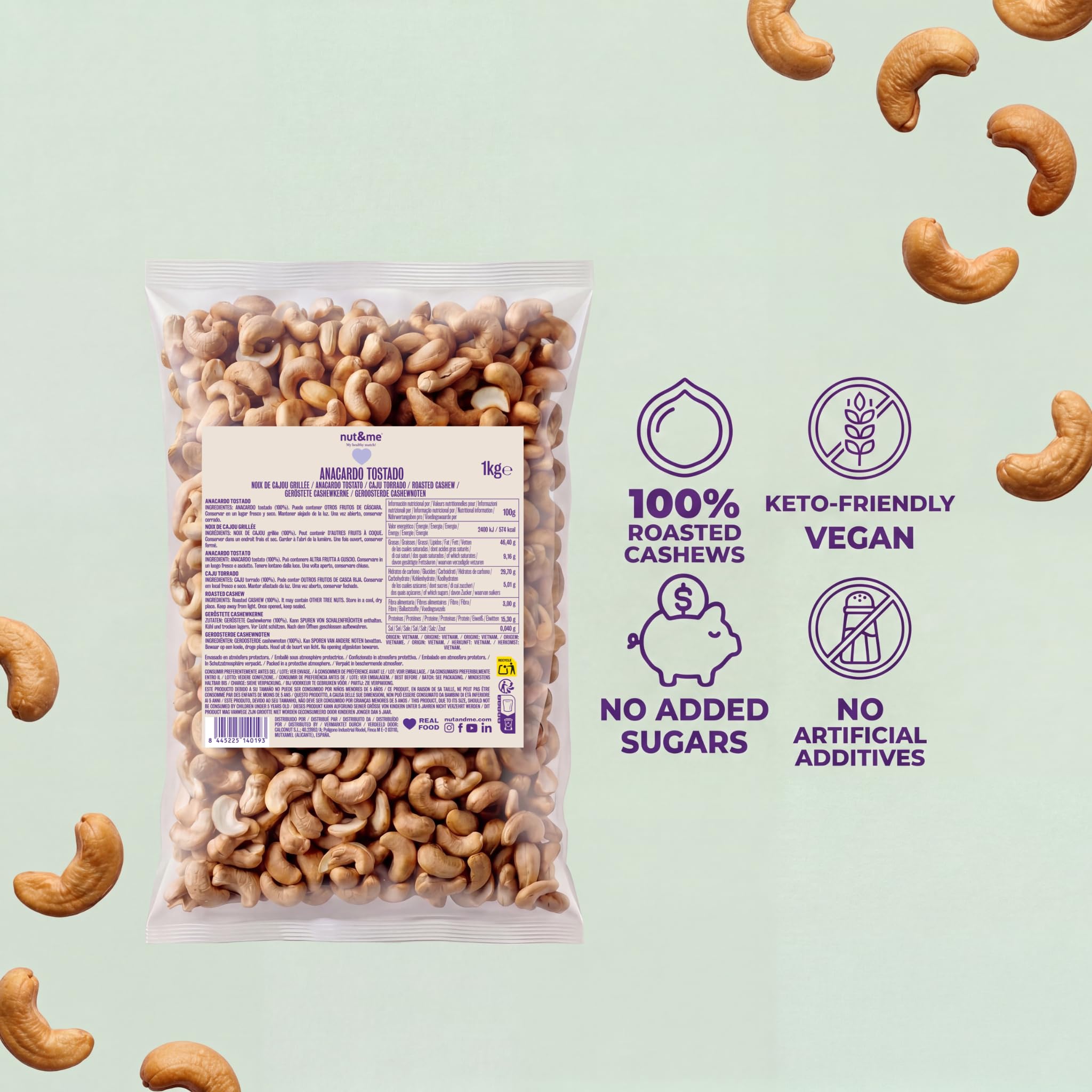 Anacardos enteros Tostados SIN SAL 1 kg nut&me | Sin Gluten | Vegano | Frutos secos 100% Naturales | Alto en proteínas | Snack saludable y sabroso | Crujientes |