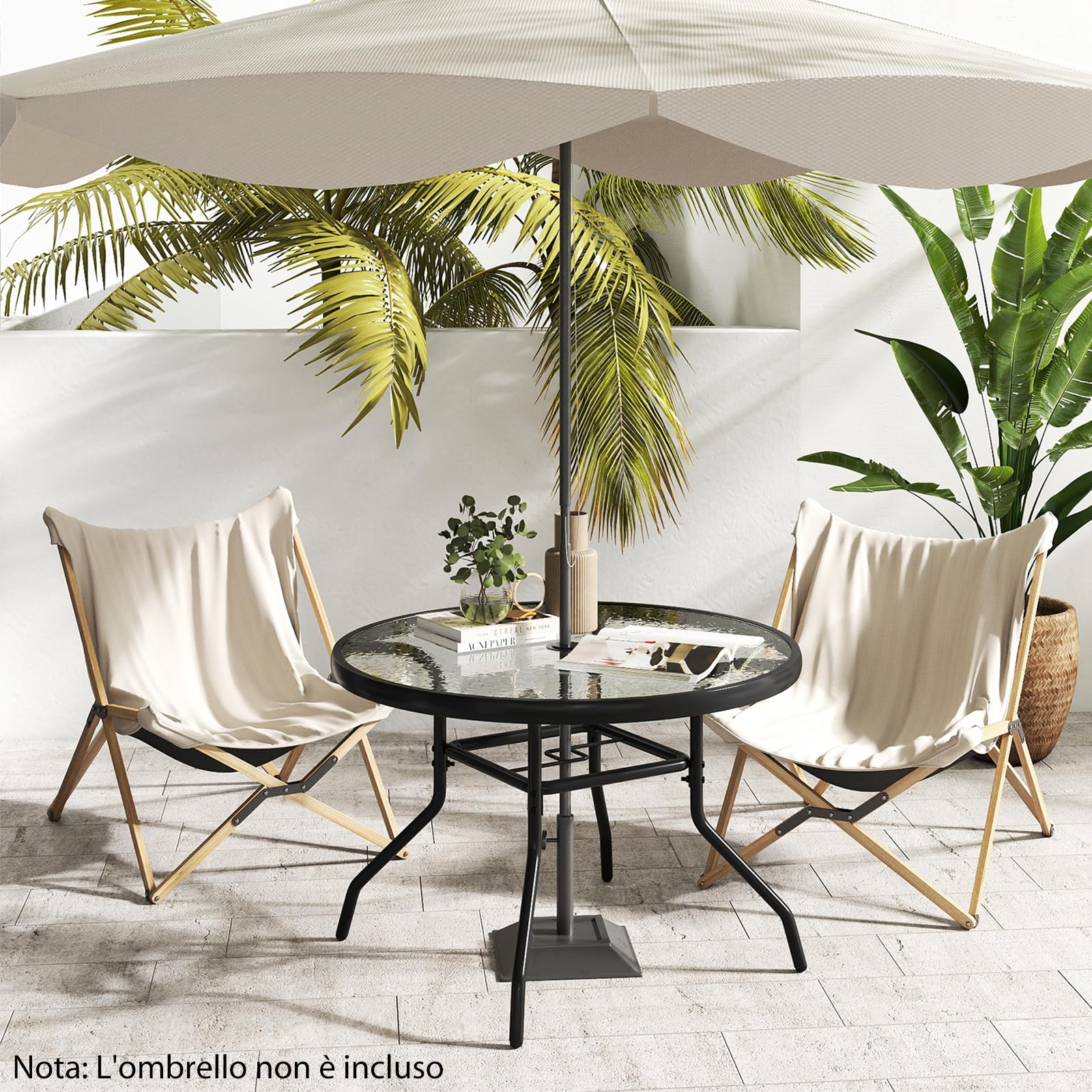 COSTWAY Tavolino Esterno in Metallo e Vetro, Tavolino da Bistro con Foro per Ombrellone 4,2 cm, Tavolo per Giardino Balcone Cortile, Portata 50 kg (70 x 45,5 cm)