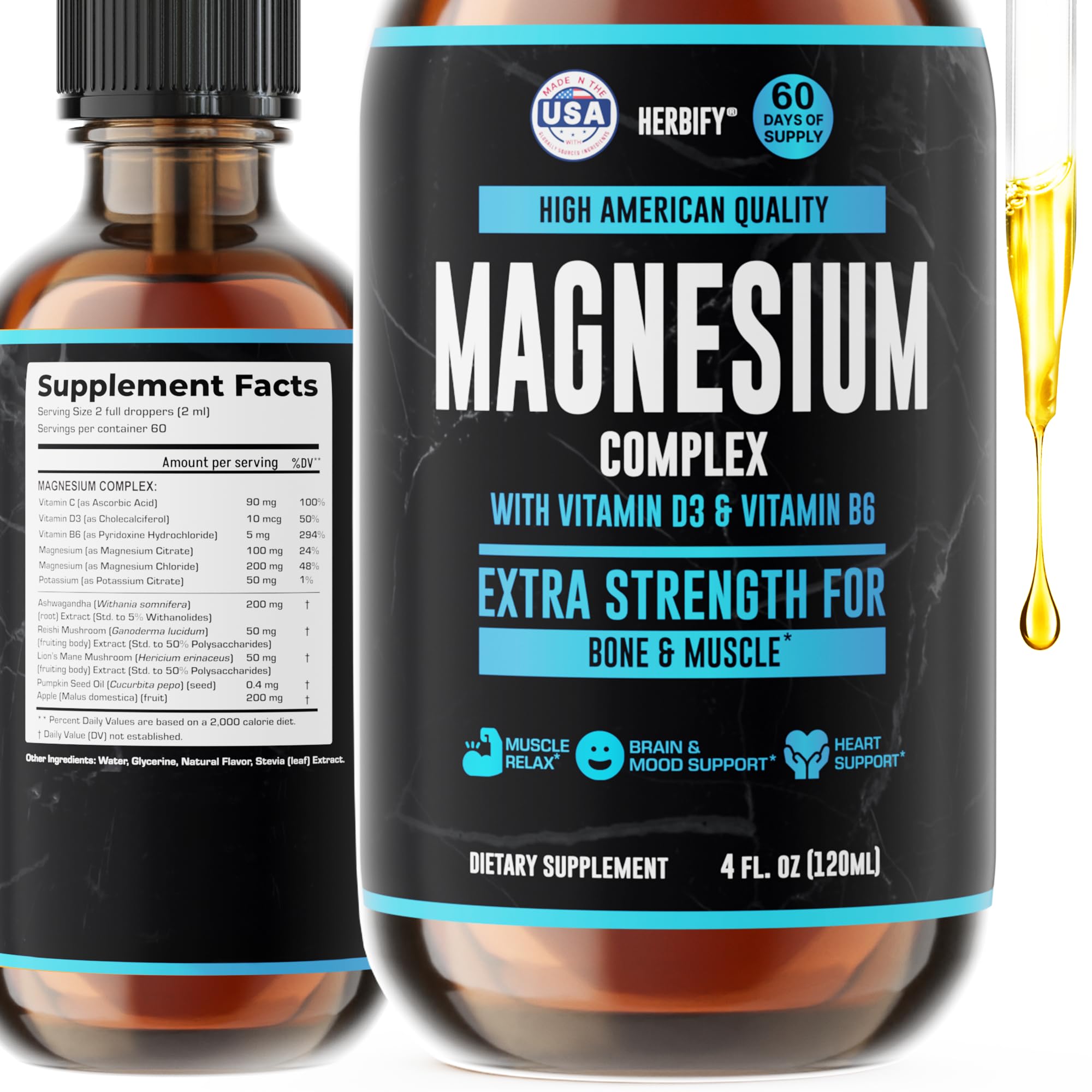 Magnesium Complex Drops - Magnesium Citrate Liquid Complex with Vitamin D Vitamin B6 Vitamin C - Potassium Supplement for Muscle, Mood, Heart & Nerve Support - Made in USA - 4 Oz