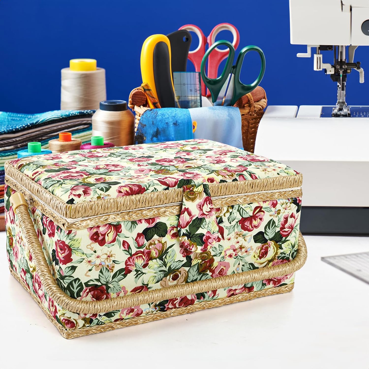 ZOOFOX Large Sewing Basket, Vintage Wooden Sewing Box with Removable Tray, Rose Floral Print Design Sewing Kit Storage Box for Sewing Mending, Beginner, Professional, No Accessories
