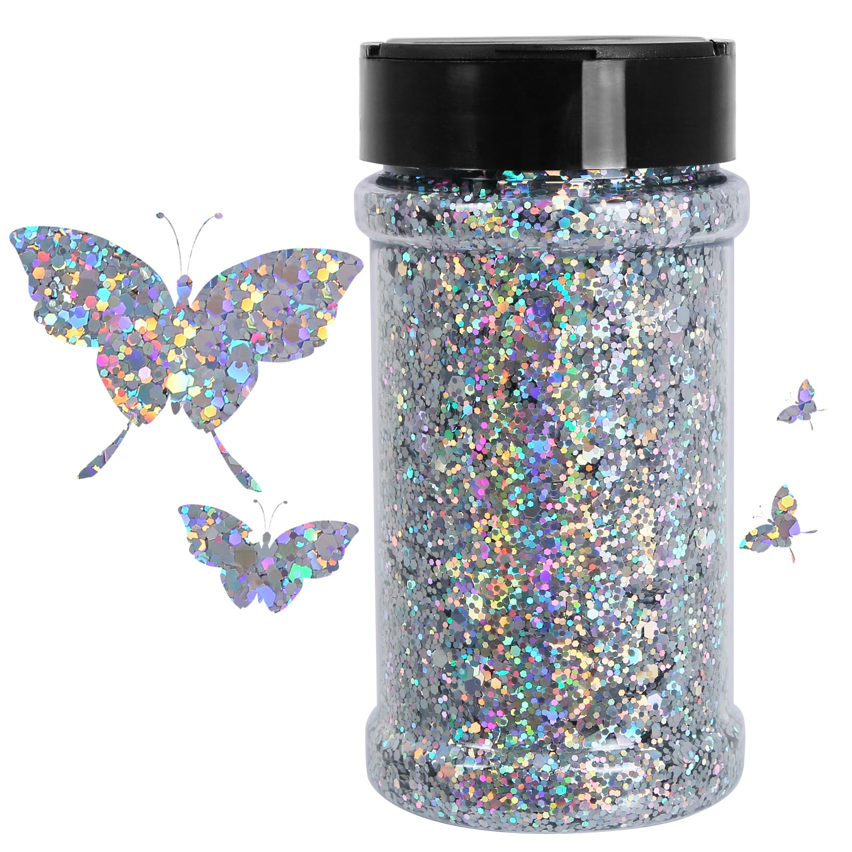 WOOGLITTER Silver Holographic Chunky Glitter, 7.05 Oz (200g), for Resin Crafts, Nails, Tumblers, Slime, Cosmetic and Festival Decoration - Laser