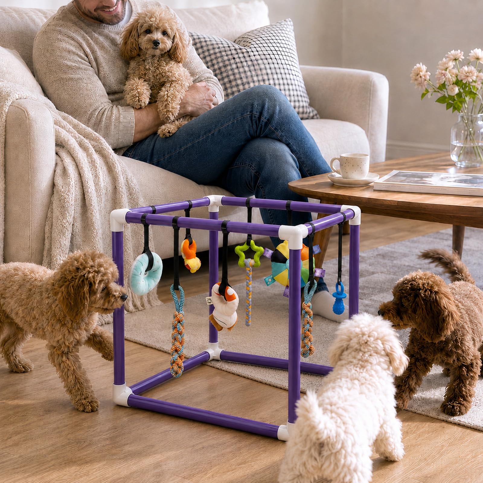 Juguete para cachorros con 8 juguetes colgantes, centro de actividad para cachorros, estimulación sensorial, juguete de mordedor, marco de PVC ajustable, juguete para perros pequeños, 1-5 kg