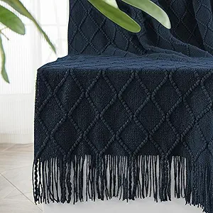 inhand Knitted Throw Blankets for Couch and Bed, Soft Cozy Knit Blanket with Tassel, Dark Blue Lightweight Decorative Blankets and Throws, Farmhouse Warm Woven Blanket for Men and Women, 50"x60"