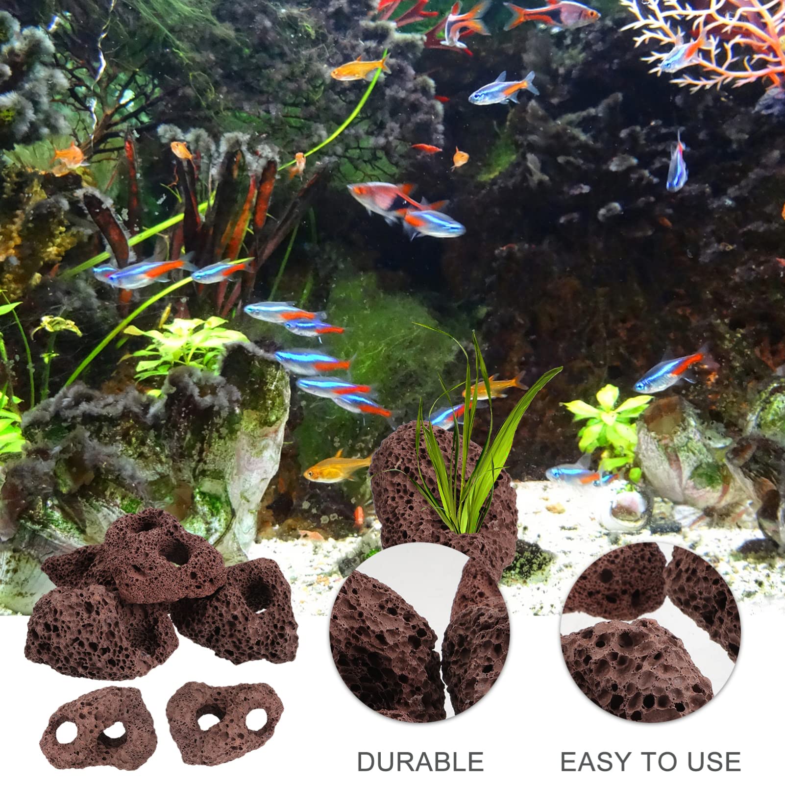 DOITOOL Lot de 6 pierres de lave volcaniques pour aquarium, petites pierres ponces volcaniques marron foncé, pierres d'aquarium pour décoration d'aquarium, 10 x 7 x 4 cm