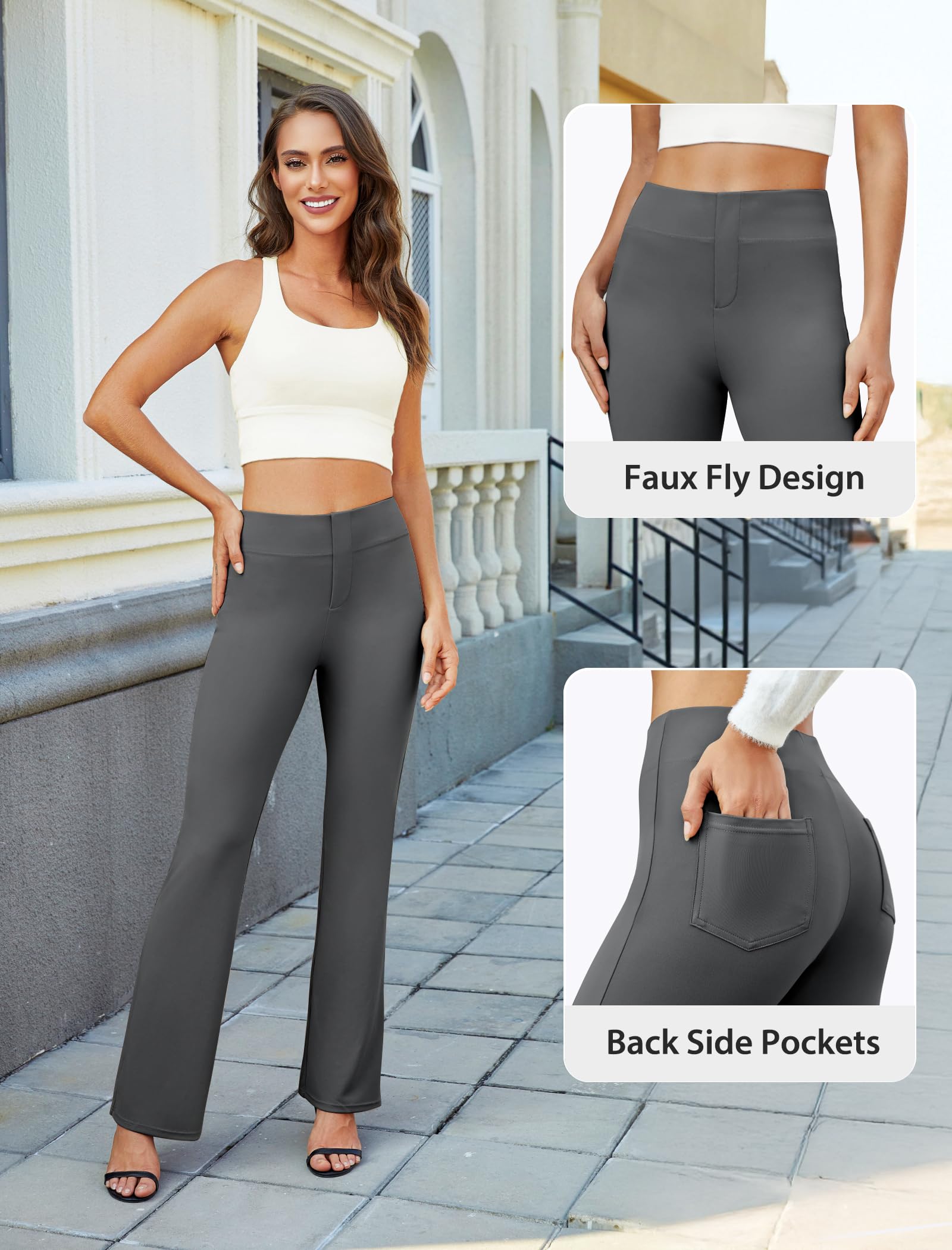 DLOODA Pantalones de vestir con corte de bota para mujer, pantalones de trabajo casuales con bolsillos, cintura alta, elásticos, pantalones de oficina