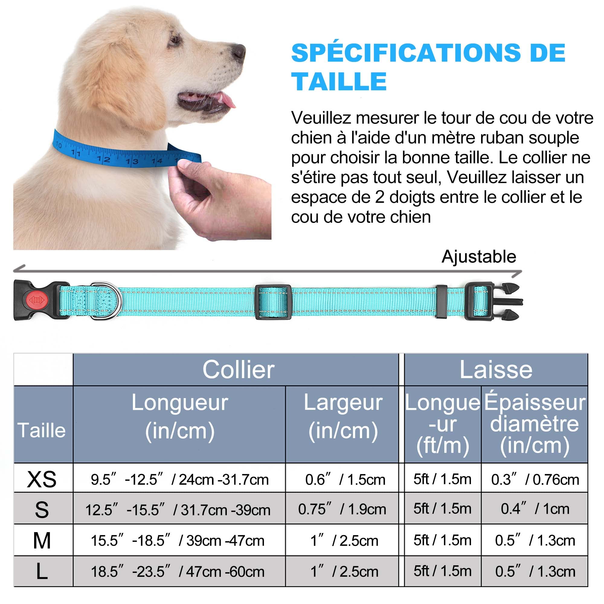 haapaw Collier pour Chien réfléchissant rembourré en néoprène Souple et Respirant, réglable en Nylon pour Petits, Moyens et Grands Chiens