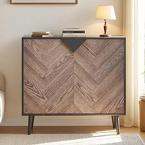 Garvee Modern Storage Free Standing Accent Cabinet, Buffet Cabinet with Doors, Wood Finish Sideboard Buffet with Storage for Dining Room, Entryway, Black+Grey Grain, 31.5 Inch