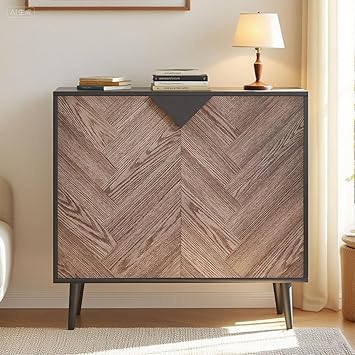 Garvee Modern Storage Free Standing Accent Cabinet, Buffet Cabinet with Doors, Wood Finish Sideboard Buffet with Storage for Dining Room, Entryway, Black+Grey Grain, 31.5 Inch