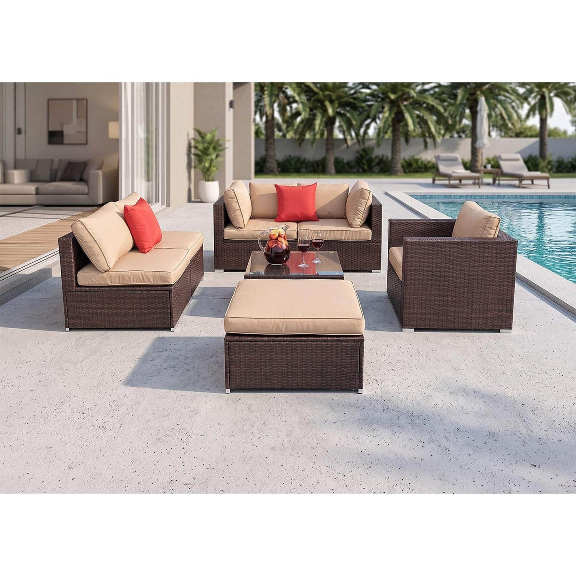 Conjunto de Muebles de Jardín Karl 7 Piezas, Sofá de Exterior Seccional de Ratán Sintético PE, Estructura de Hierro, Cojines de 8 cm y Mesa con Cristal Templado, Marrón