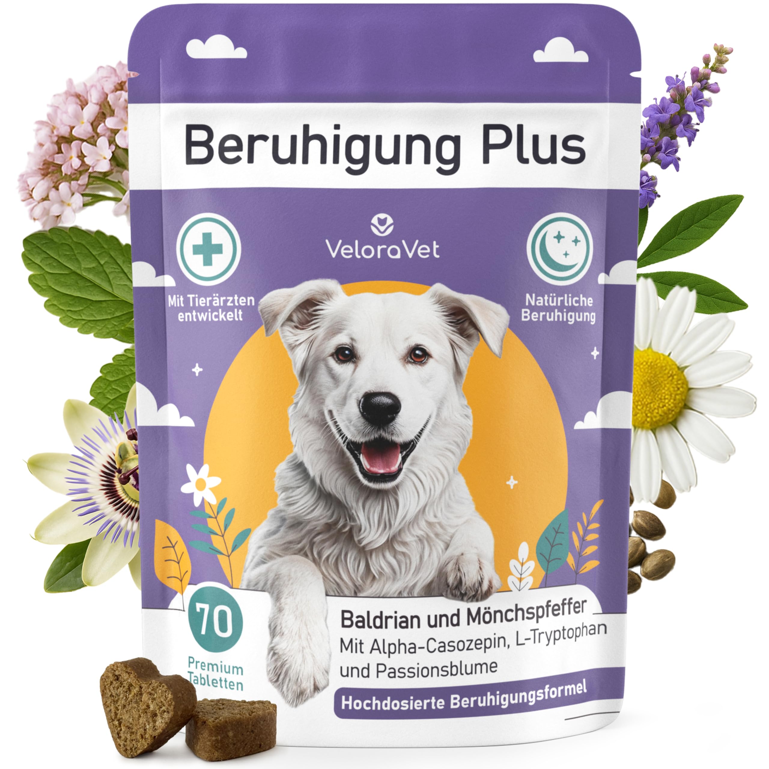 VeloraVet Beruhigung Plus für Hunde – Kautabletten mit Baldrian & Kamille | 70 Hunde-Snacks für mehr Seelenruhe bei Stress, Angst, Reise, Gewitter & Silvester mit Melisse, Passionsblume, L-Tryptophan