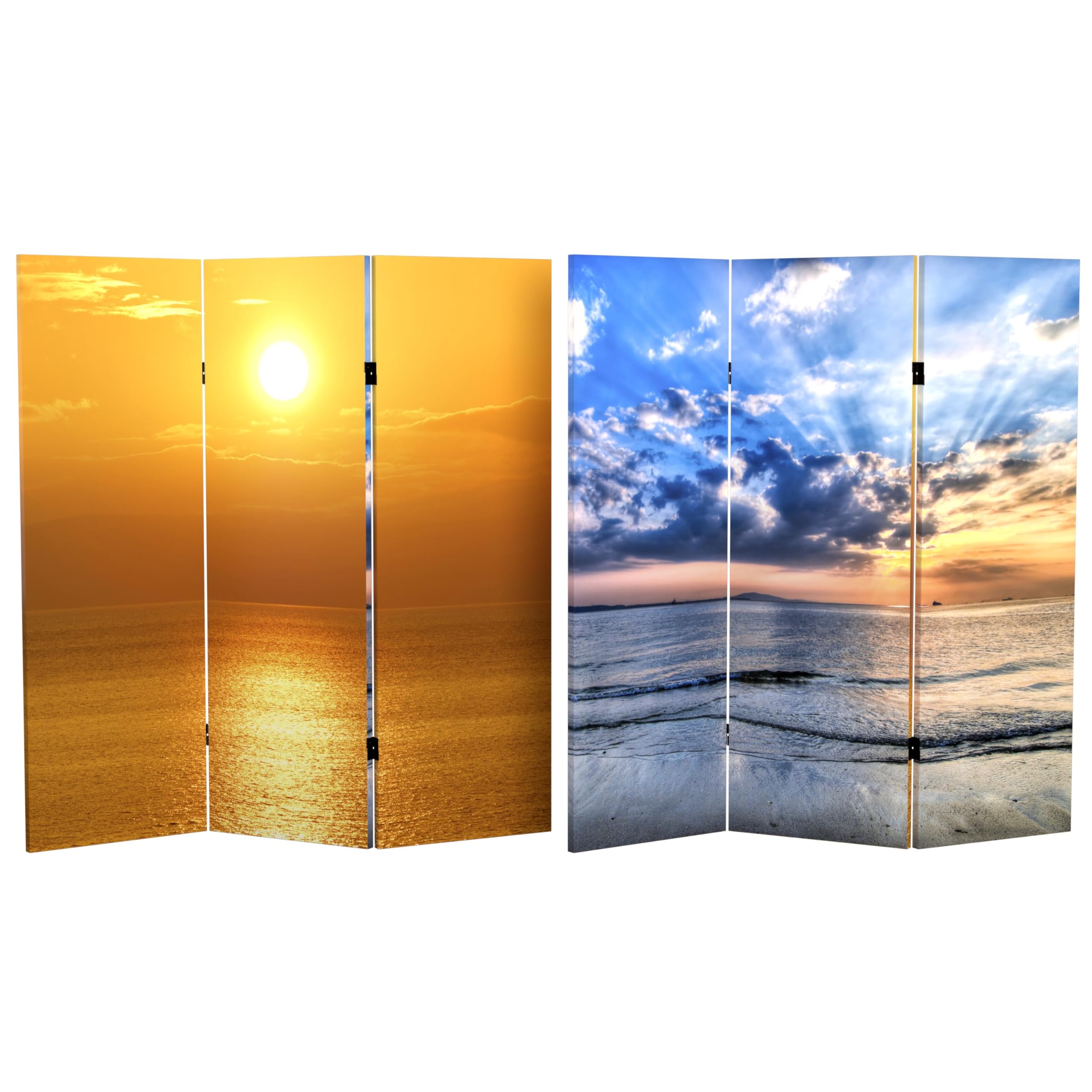 Red Lantern 4 ft. Short Double Sided Sunrise Canvas Folding Screen 3 Panel Freestanding Partition and Separator for Modern and Contemporary Bedroom,