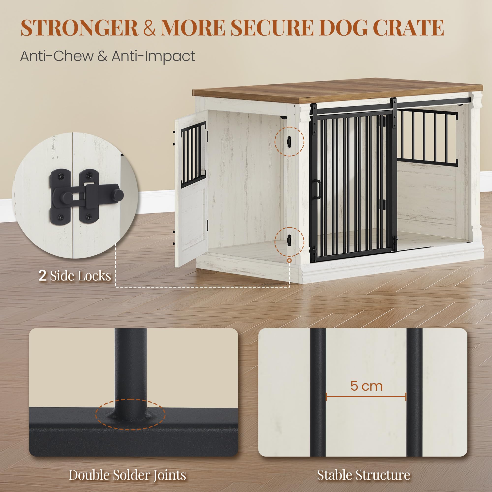 MAMIZO Cage Pour Chiens, 93x64x58 CM, Table D'Appoint, Meuble Cage Chiens Avec Porte Coulissante, Niche Pour Chien Interieur Avec 2 Gamelles, Maison Chien En Bois, Blanc