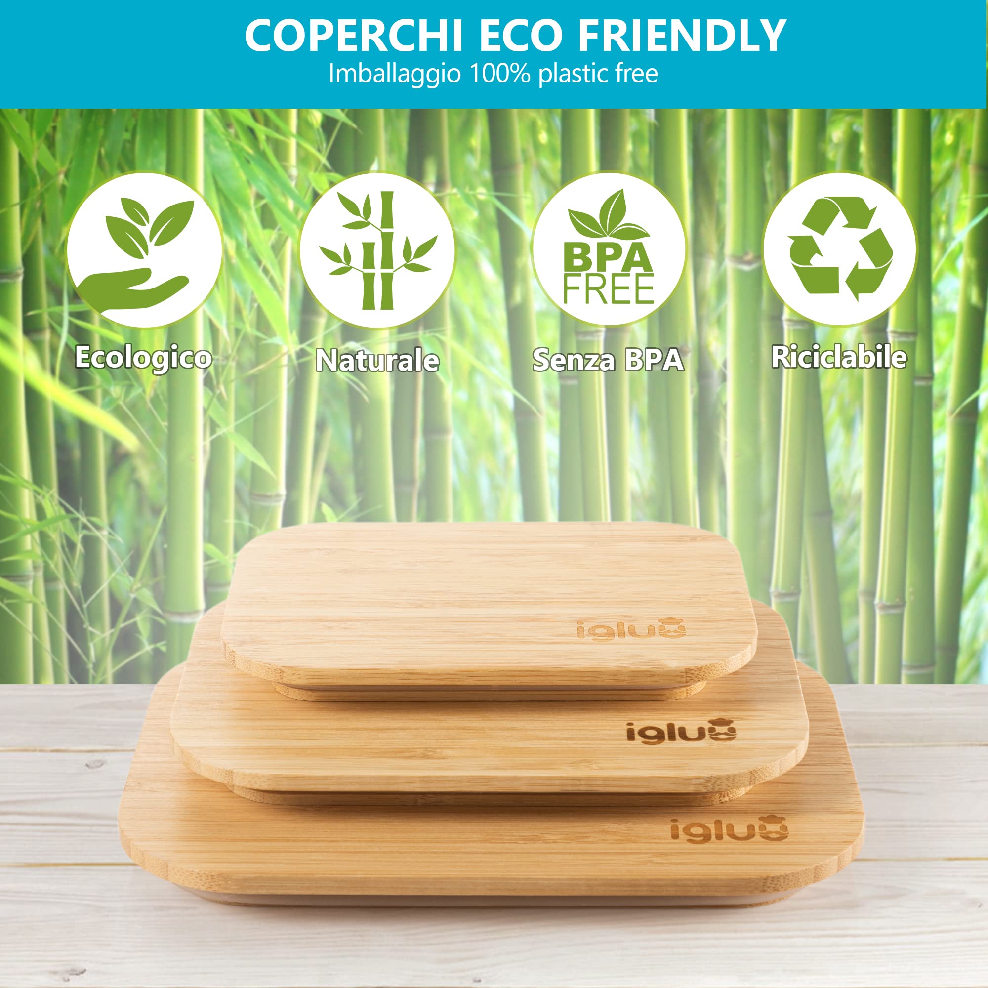 Igluu Meal Prep Contenitori Vetro per Alimenti (Set da 3) Coperchi in Bambù | Senza BPA – Adatti a Forno, Friggitrice ad Aria, Microonde, Freezer e Lavastoviglie – 370/640/1050ml – Borosilicato