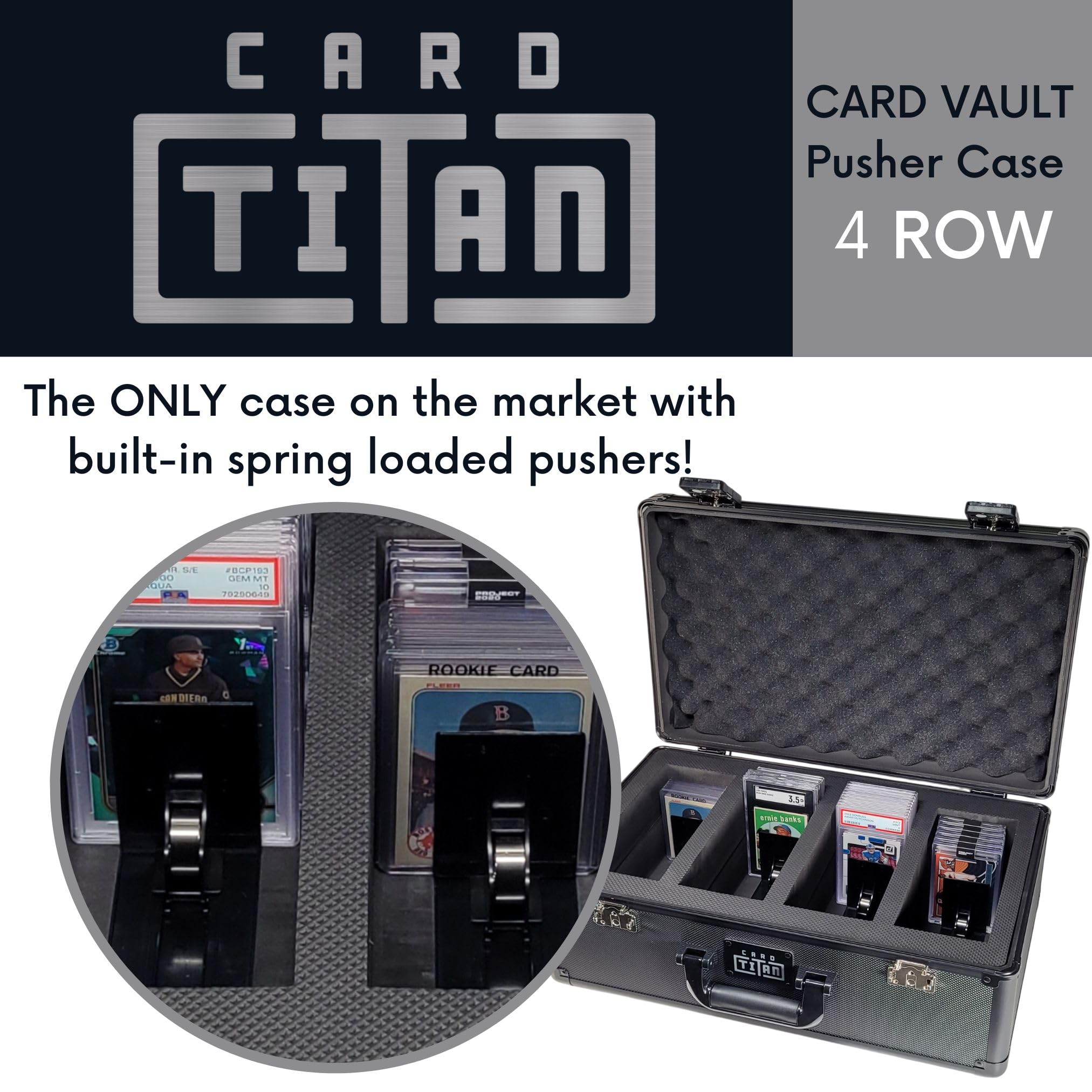 Card Titan Vault Trading Card Storage Box - Lockable Sports Cards Hard Case with Spring-Loaded Pushers for Top Loaders & Graded Cards - 4 Row