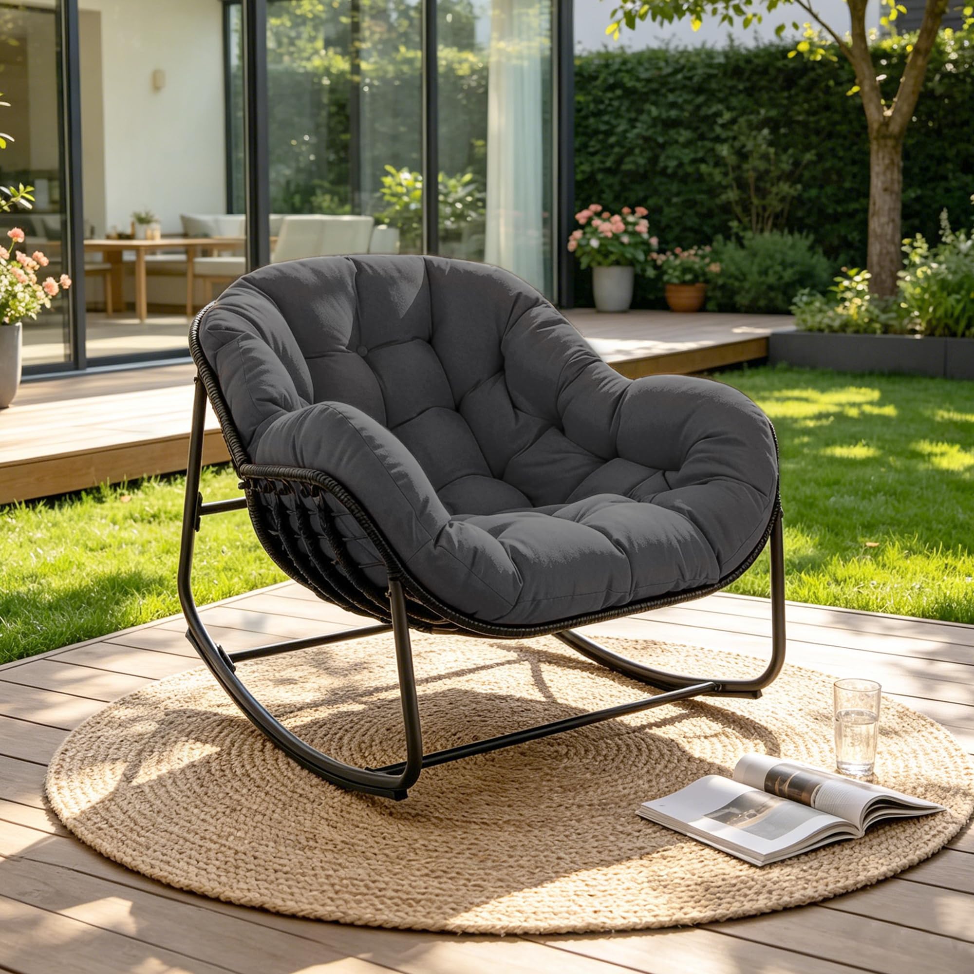 TIMWNER Papasan Rocking Chair Indoor & Outdoor, All Weather Wicker Papasan Patio Chair with Cushion & Pillow, Oversized Papasan Rocker Egg Chair for