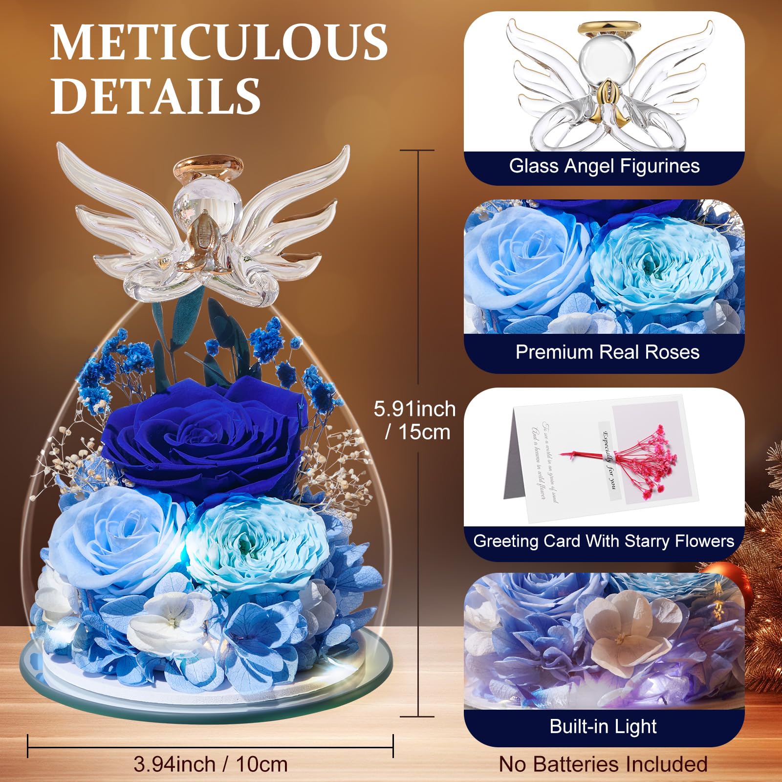Rosa Eterna In Angelo Di Vetro Con LED – Regalo Per Mamma, Moglie O Fidanzata – Fiore Stabilizzato 100% Vera Con Luce Calda, Ideale Per Anniversari E San Valentino