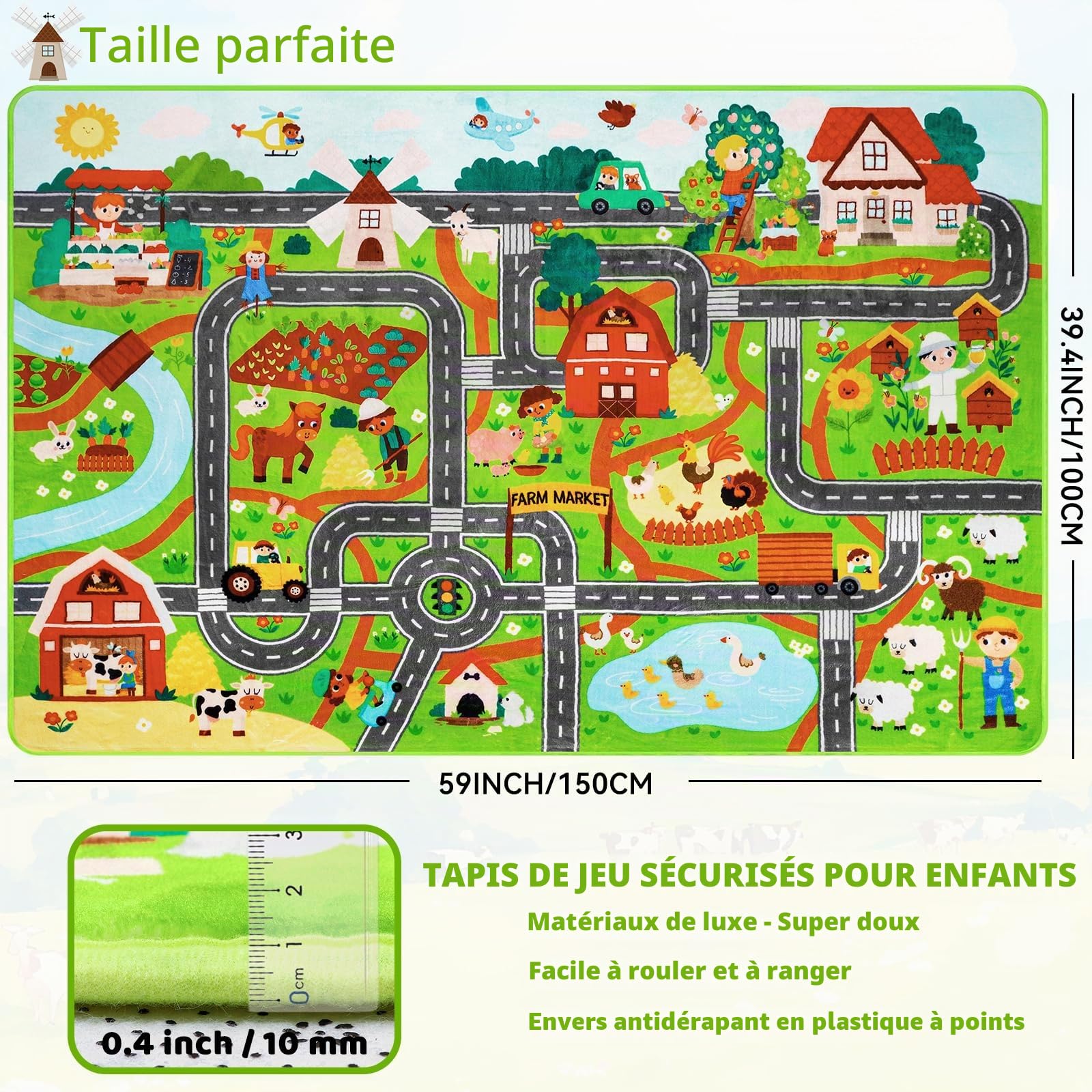 Tapis de jeu pour enfants pour voitures jouets, 150 x 100 cm, marché à la ferme, circulation routière, pour salle de jeux, voiture, carte de village, tapis de jeu antidérapant et lavable, pour