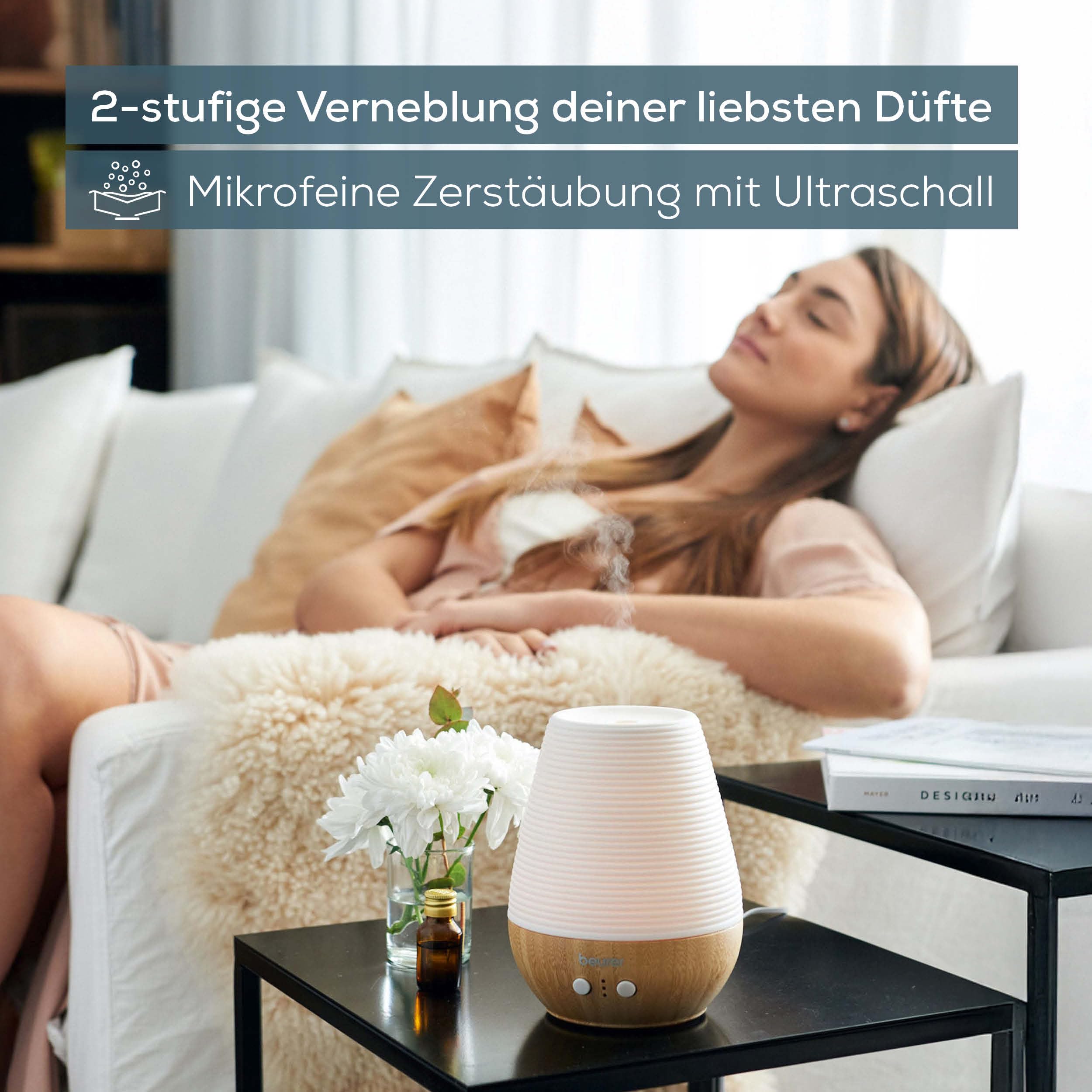 Beurer LA 40 Aroma Diffuser, Duft-Vernebler mit Ultraschall-Zerstäubung, mit Wellnesslicht und Farbwechsel, aus Holz und Porzellan, für Räume bis 20m2
