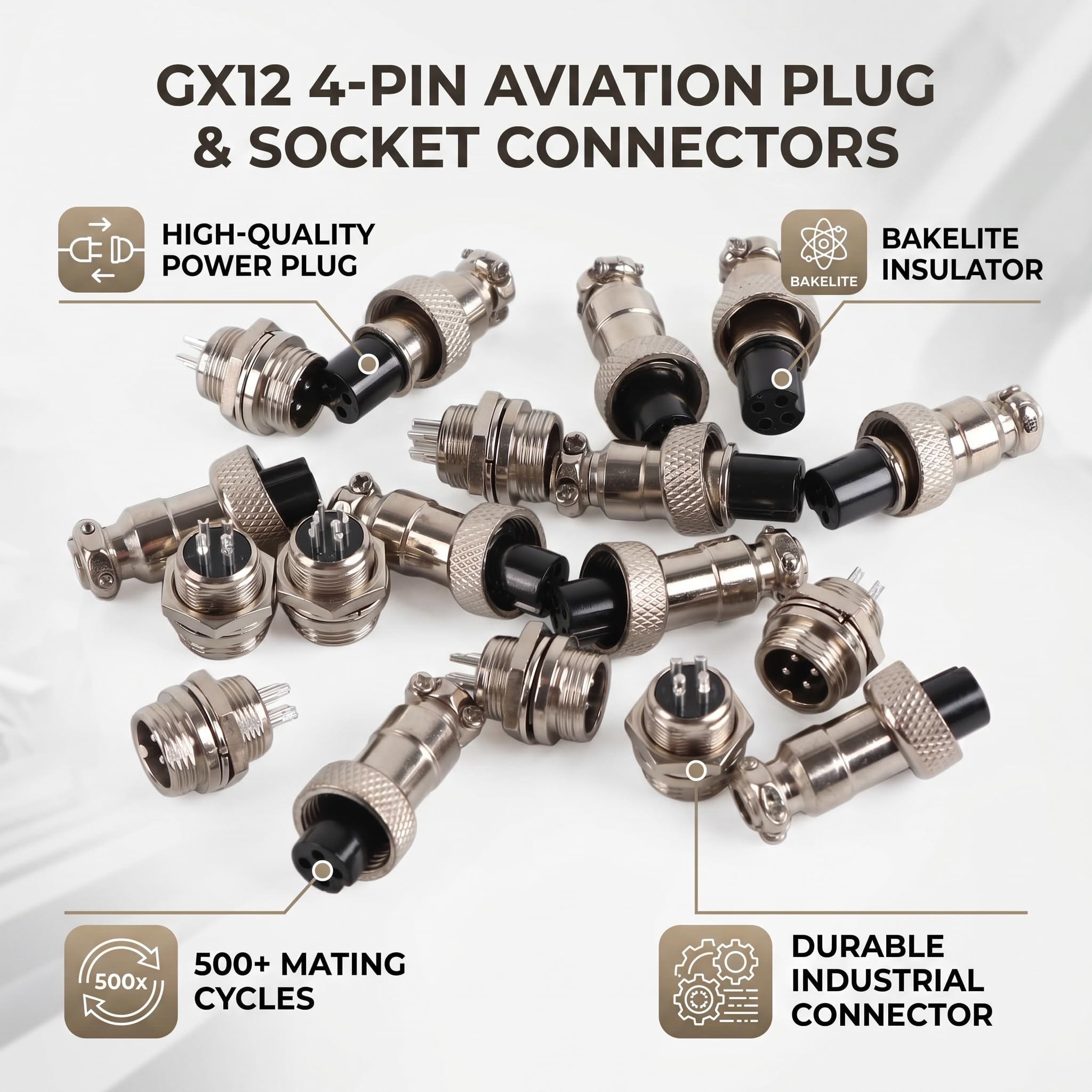 Estink Metalowy Okrągły Adapter Lotniczy GX12, 4 Piny, 12 mm, Złącze z Wtyczką Gniazda, Montaż Panelowy, 10 Zestawów