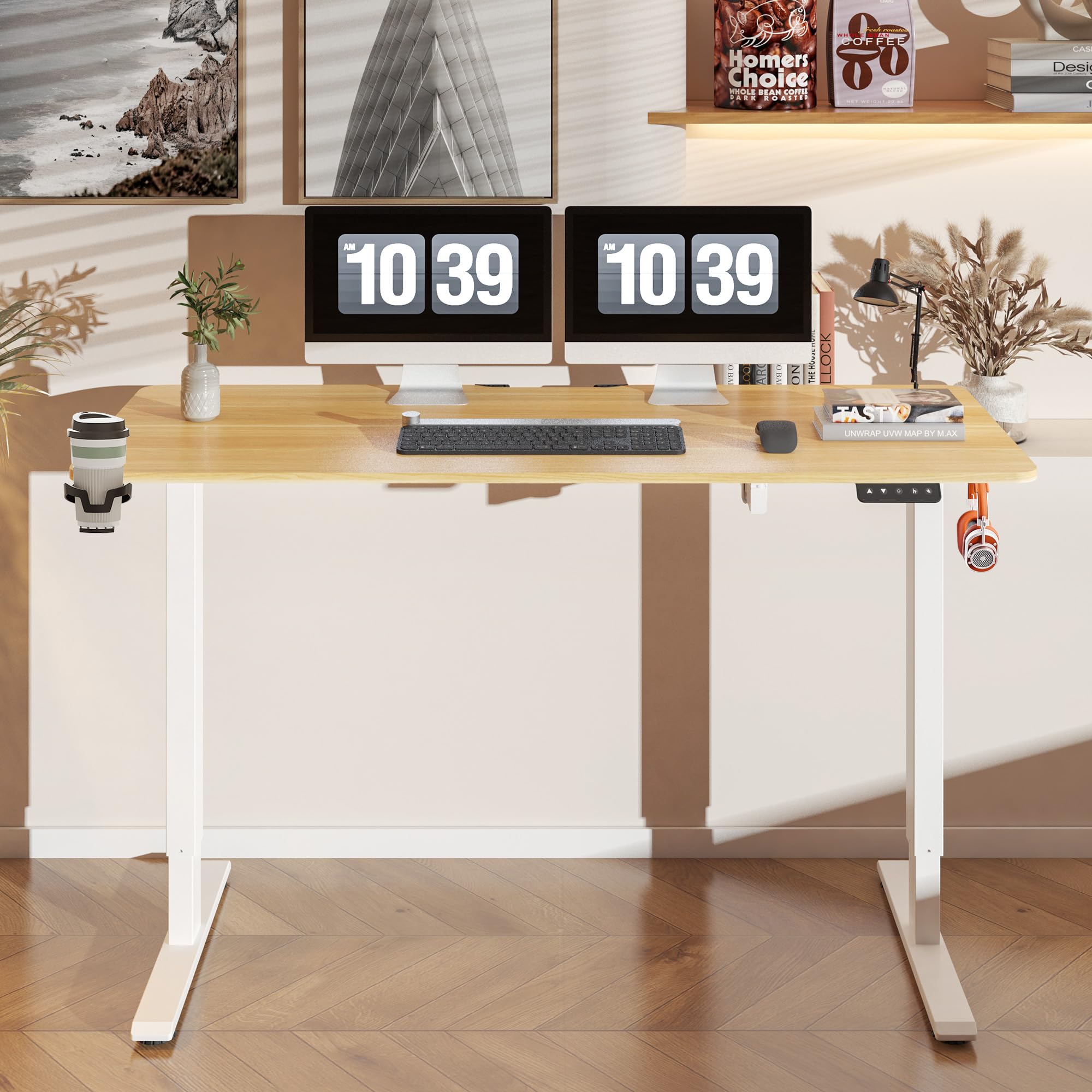 FLEXISPOT Scrivania Regolabile in Altezza 140 * 60 cm, con Pannello di Controllo Digitale, Con Gancio, Con Portabicchieri, Standing Desk Scrivania Motorizzata