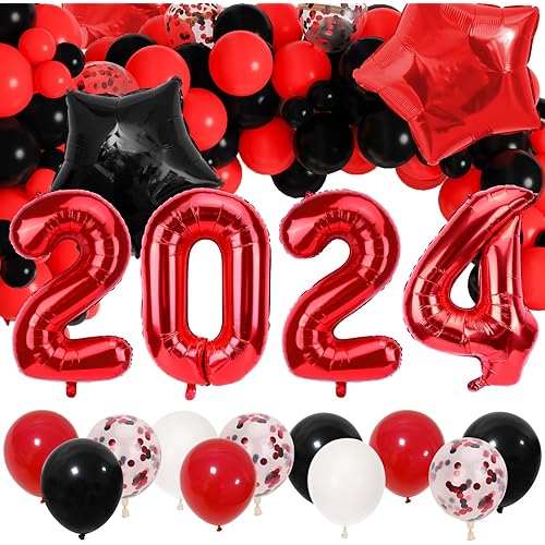 RUBFAC 40 Inches Happy New Year Decorations 2024, 34 Pcs Star Balloons and 12 Inches Black Red Confetti Balloons Black and Red Foil 2024 Number Balloons for New Year Eve Party Supplies Decorations