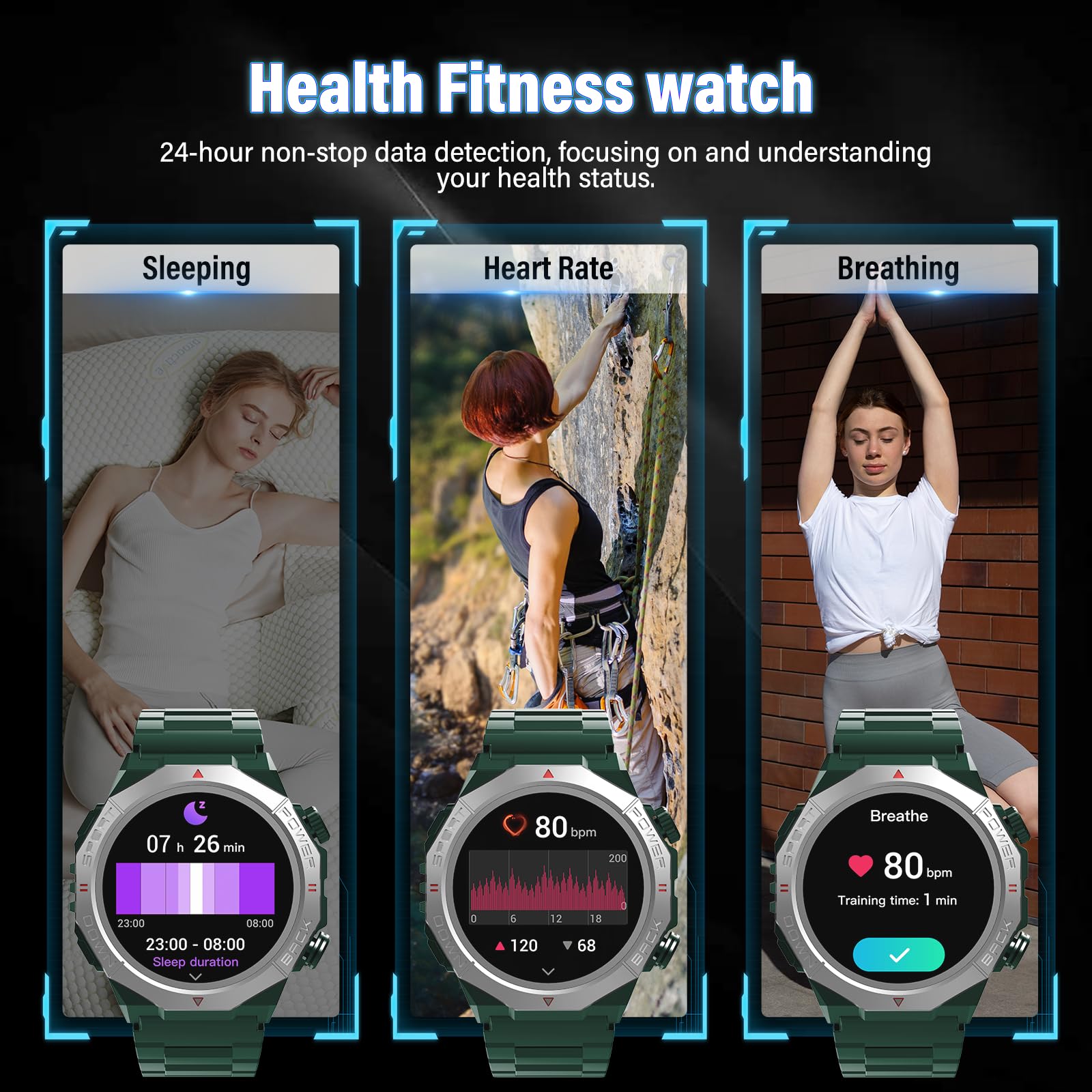 Smartwatch Uomo Militare, 1.39" HD Orologio Smart watch con Chiamate Bluetooth, Tracker Attività con Sonno/Cardiofrequenzimetro, 110+ Modalità Sportive, IP68 Impermeabile per Android iOS, Verde