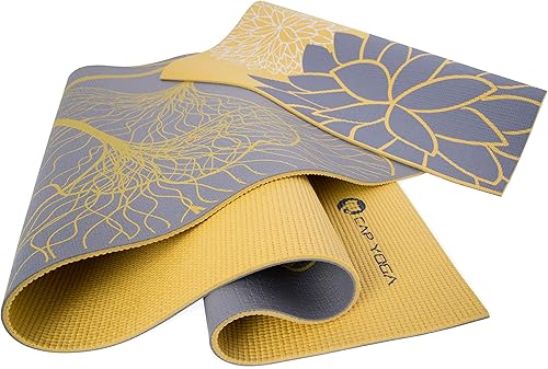 Miniatura 3 de CAP Barbell Esterilla de yoga con correa de transporte, 0.197 in, diseño reversible de dalia, amarillogris