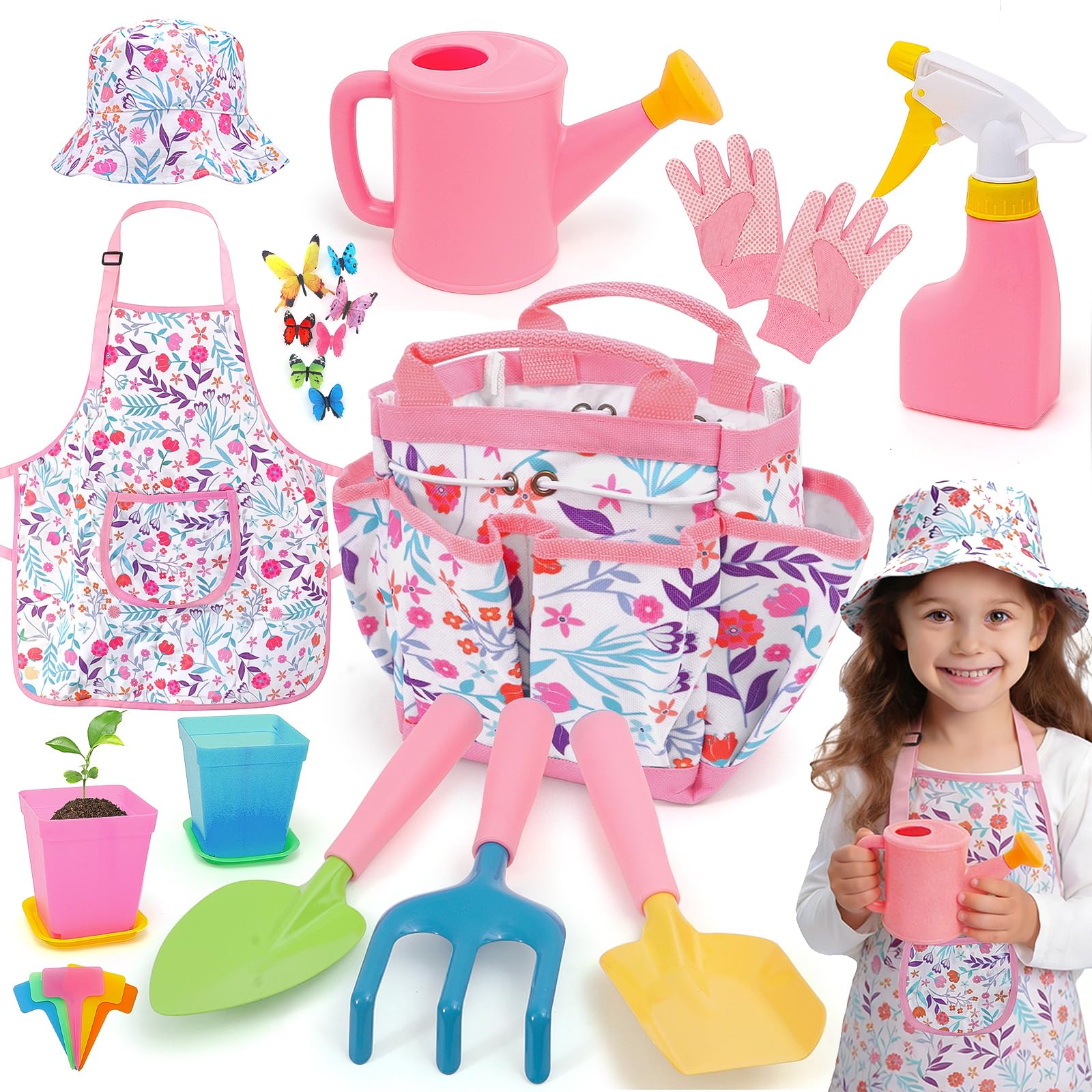 FUNCREVITY Kids Gardening Tool Set Kids Gardening Tools Shovel Rake Fork Trowel Apron Gloves Watering Can and Tote Bag Toddler Gardening Tools for