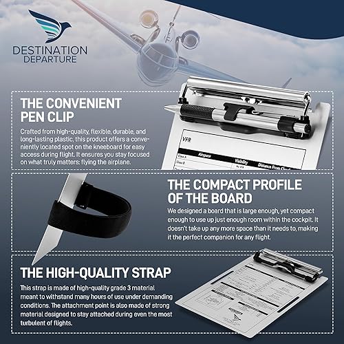 Miniatura 4 de Pilot Kneeboard – Portapapeles de aluminio de aviación – Tablero de clip de aluminio con práctico soporte para bolígrafo – Rodilleras con correa