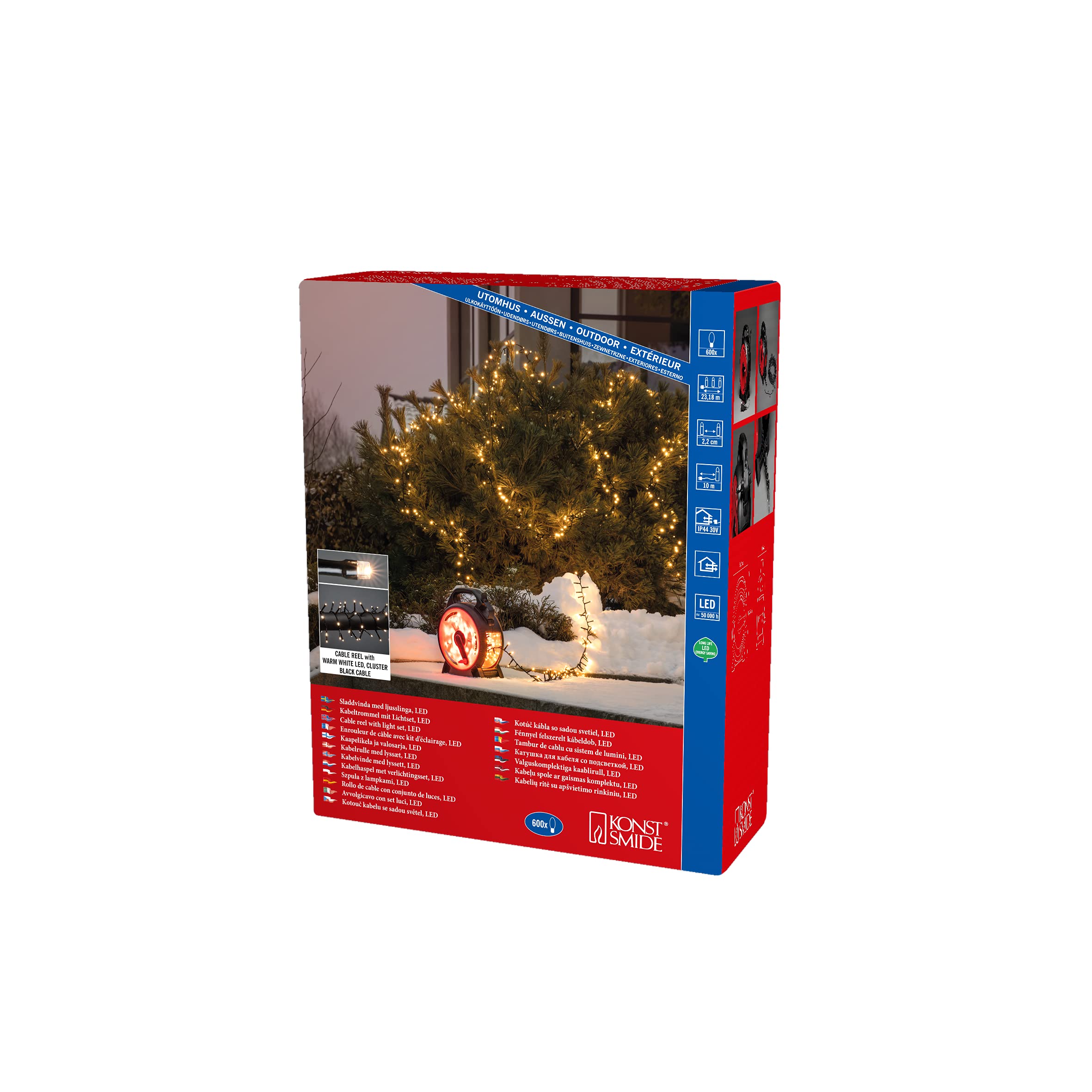 Konstsmide Micro LED Compactlights 3846-100 - Catena luminosa con avvolgicavo, 600 diodi bianchi caldi, trasformatore esterno da 30 V, 6 W, cavo nero
