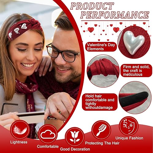Miniatura 4 de Totelux Diadema de corazón de San Valentín, banda para el cabello anudada roja, cuentas de perlas de amor, antideslizantes, nudo superior,
