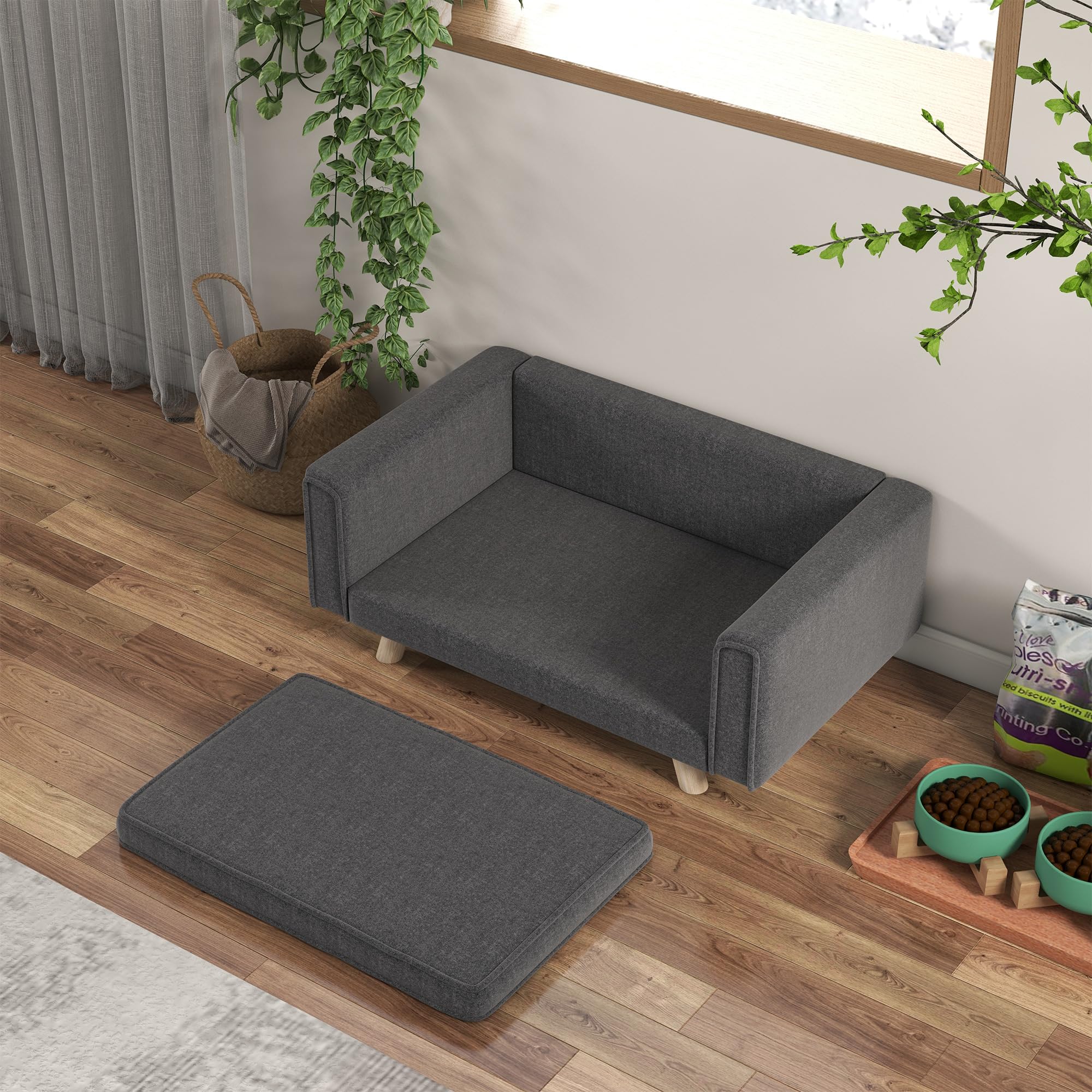 PawHut Hundesofa, Hundebett mit Erhöhtem Design, abnehmbarem und waschbarem Bezug, Haustiersofa mit Holzbeine, für kleine und mittelgroße Hunde, Grau