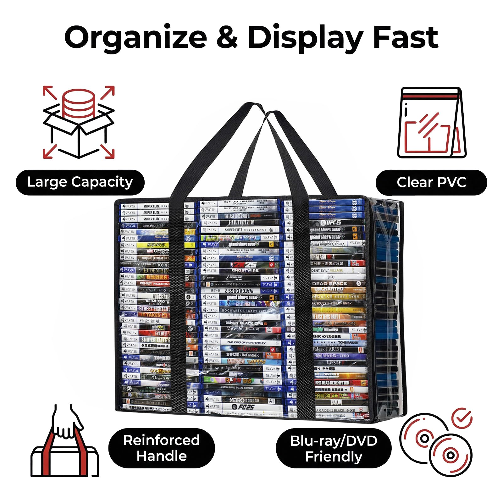 Sacchetti per DVD, confezione da 3 sacchetti trasparenti per 210 DVD o 270 custodie Blu-ray (70, 90 ciascuna), organizer in plastica ispessita con manici rinforzati per riporre supporti