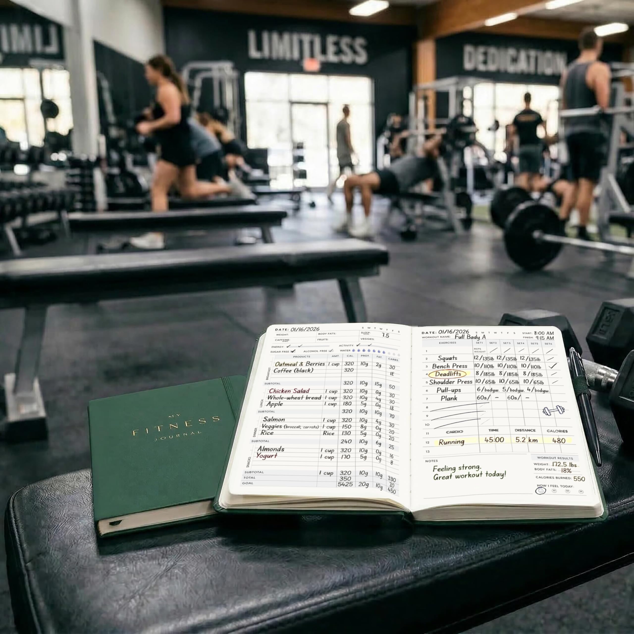&And Per Se Dziennik fitness dla mężczyzn i kobiet, planer dziennika treningowego z codzienną dietą i ćwiczeniami na siłowni, monitor treningowy, bez daty, rozmiar A5, skórzana twarda okładka, leśna