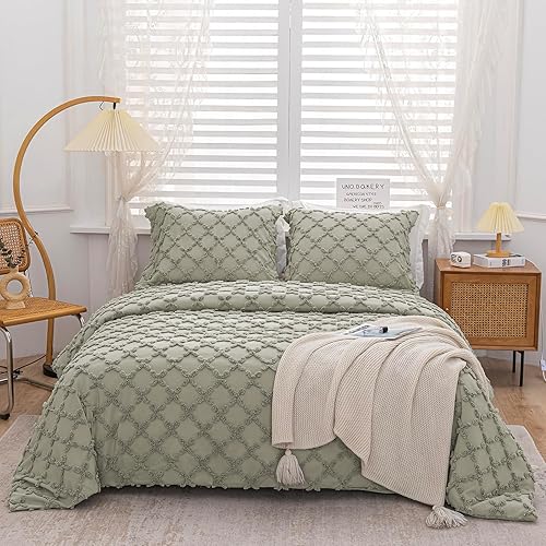 Miniatura 2 de MILDLY Juego de funda de edredón tamaño Queen, 3 piezas, estilo Shabby Chic Boho copetudo niebla salvia para el hogar, juego de ropa de cama suave