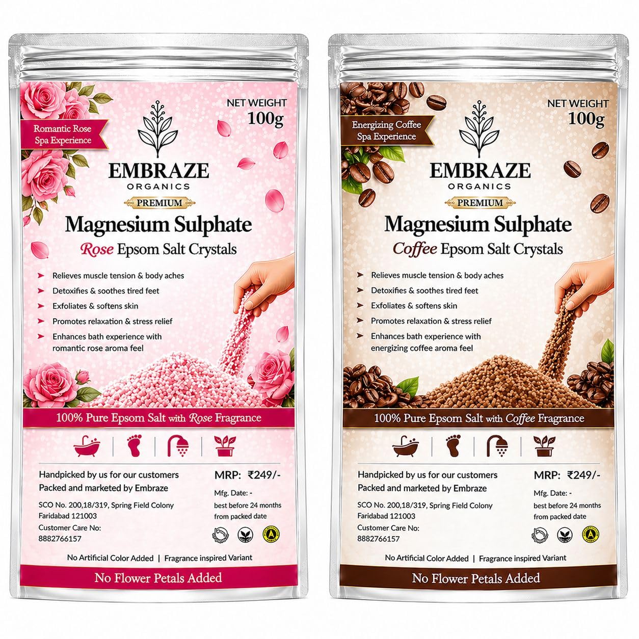 Premium Magnesium Sulphate Epsom Salt Crystals Combo Pack of 2 (Rose & Coffee Fragrance) for Relaxation, Foot Soak, Bath & Skin Care | 200g | 100g X 2-image-27