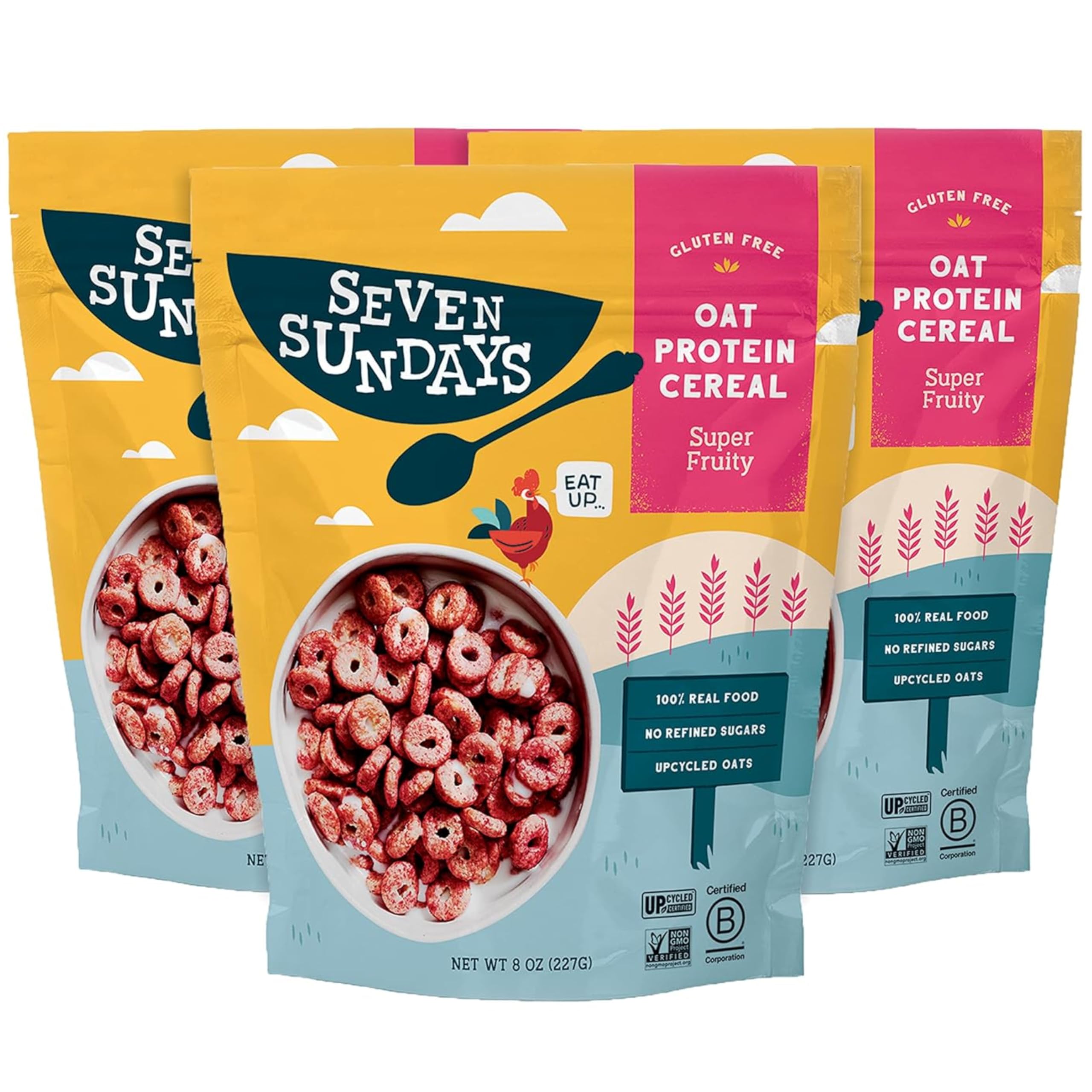 Seven Sundays Oat Protein Cereal, Super Fruity, 8 Oz Bag (Pack of 3), Gluten Free, 5g Upcycled Protein, 0g Refined Sugar, Crunchy Sweet Snack