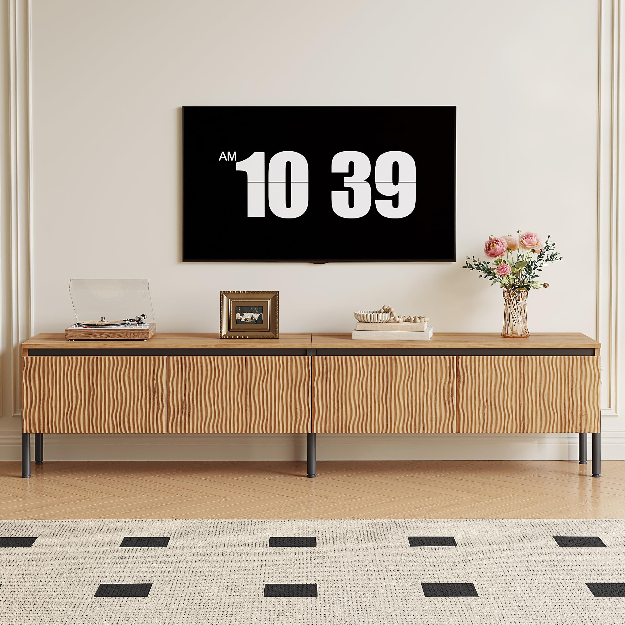 HAINEW HD26062302 szafka pod telewizor z 4 drzwiami i czarnymi metalowymi nogami, 180 x 35 x 43 cm, kolor naturalny, HD26062302