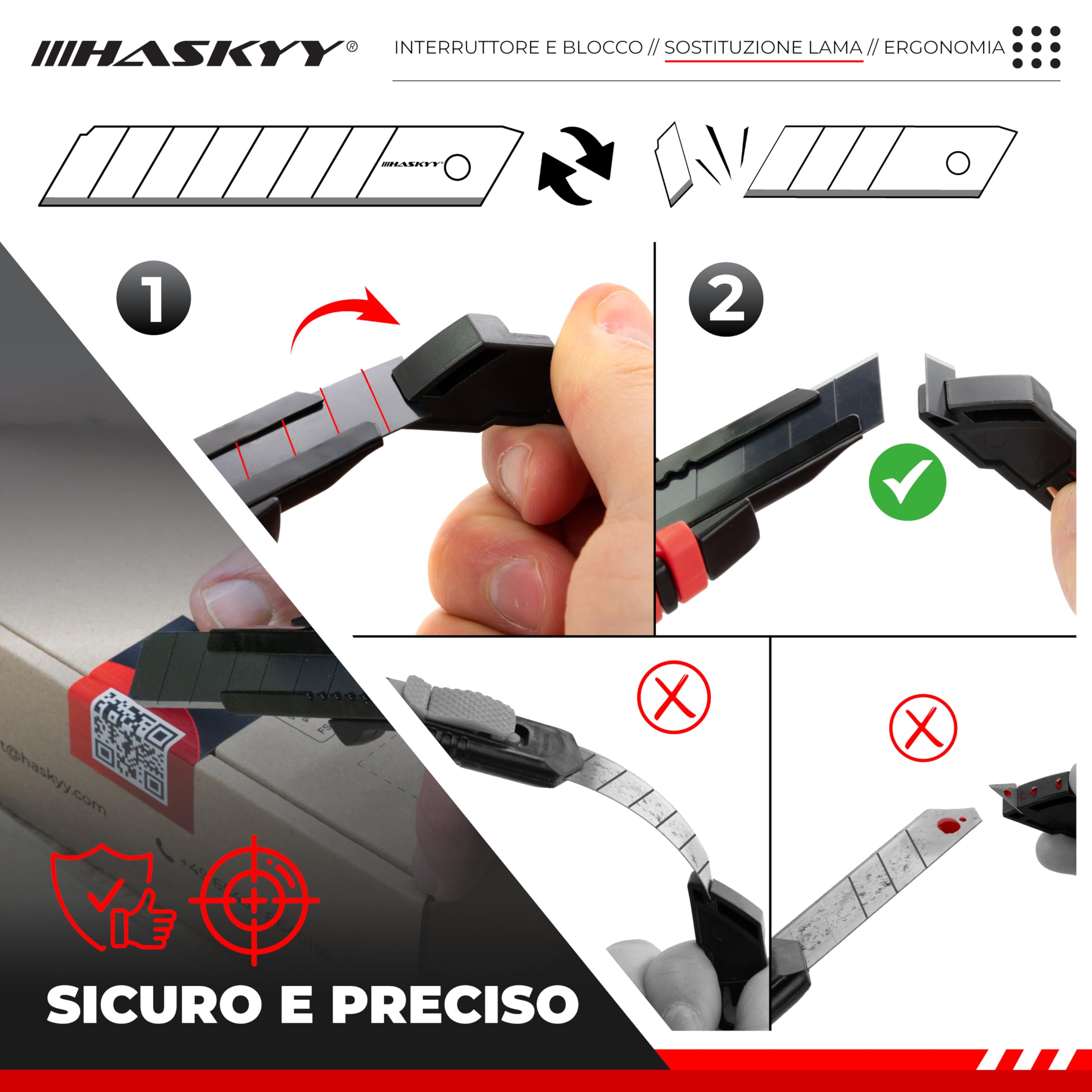 HASKYY Taglierino da Tappeto 18mm Set 5x Coltelli con Lama SK5 Ergonomico