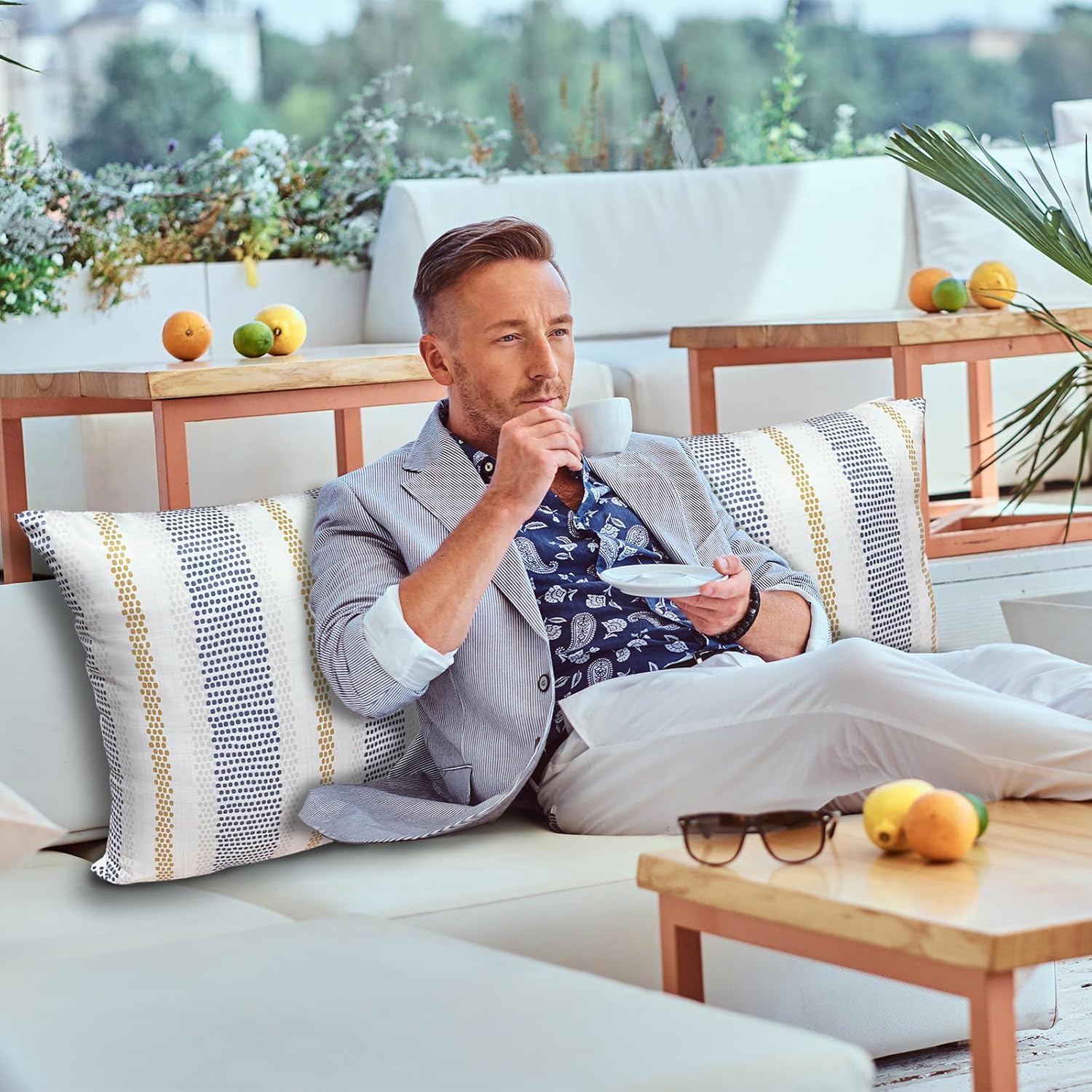 AlanRoye Outdoor Throw Pillow Covers Farmhouse Decorative 18x18inch Set of 2 Blue Yellow Grey Gray Gold Waterproof Stripe for Patio Garden Couch Neutral Beige Aesthetic Linen Modern Pillowcase Blue&yellow 18"W x 18"L,Set of 2