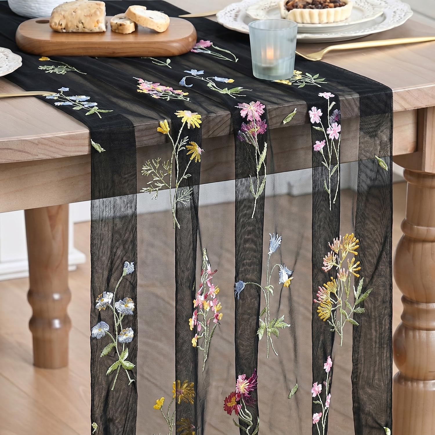 Artoid Mode Black Embroidery Wild Flowers Gauze Table Runner 70x300 cm