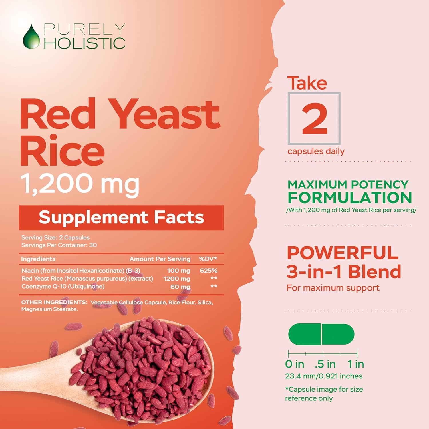 Purely Holistic Red Yeast Rice 1200mg with CoQ10 & Flush Free Niacin 60 Vegetarian Capsules - Non Irradiated, Citrinin Free - Image 4