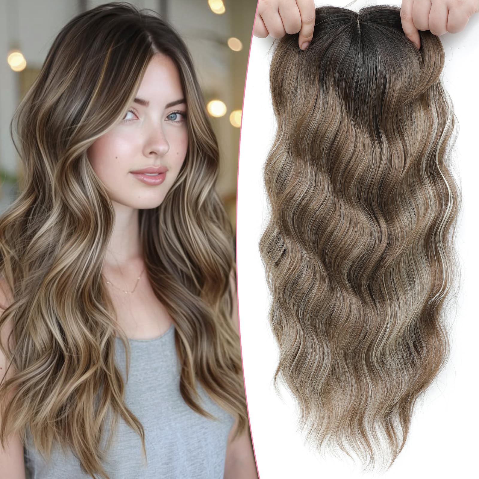 Lasunork Hair Toppers for Women Wavy Curly Hair Topper Hand-Tied Lace Clip in Fringe (Ombre Brown with Blonde Highlights)