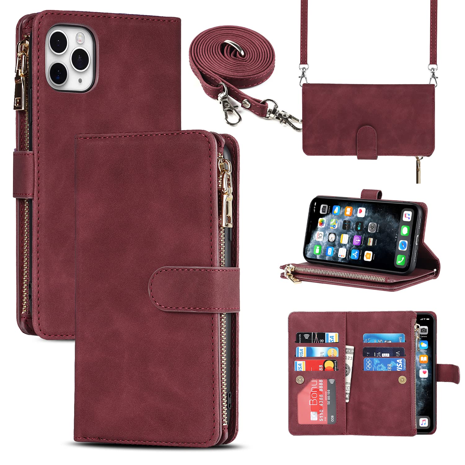 SailorTech Leather Case Crossbody Case for iPhone 11 Pro Flip Case Folio Cover with Card Slots Magnetic Buckle Zipper Wallet Case with Adjustable Necklace Strap Lanyard Cases Wine Red