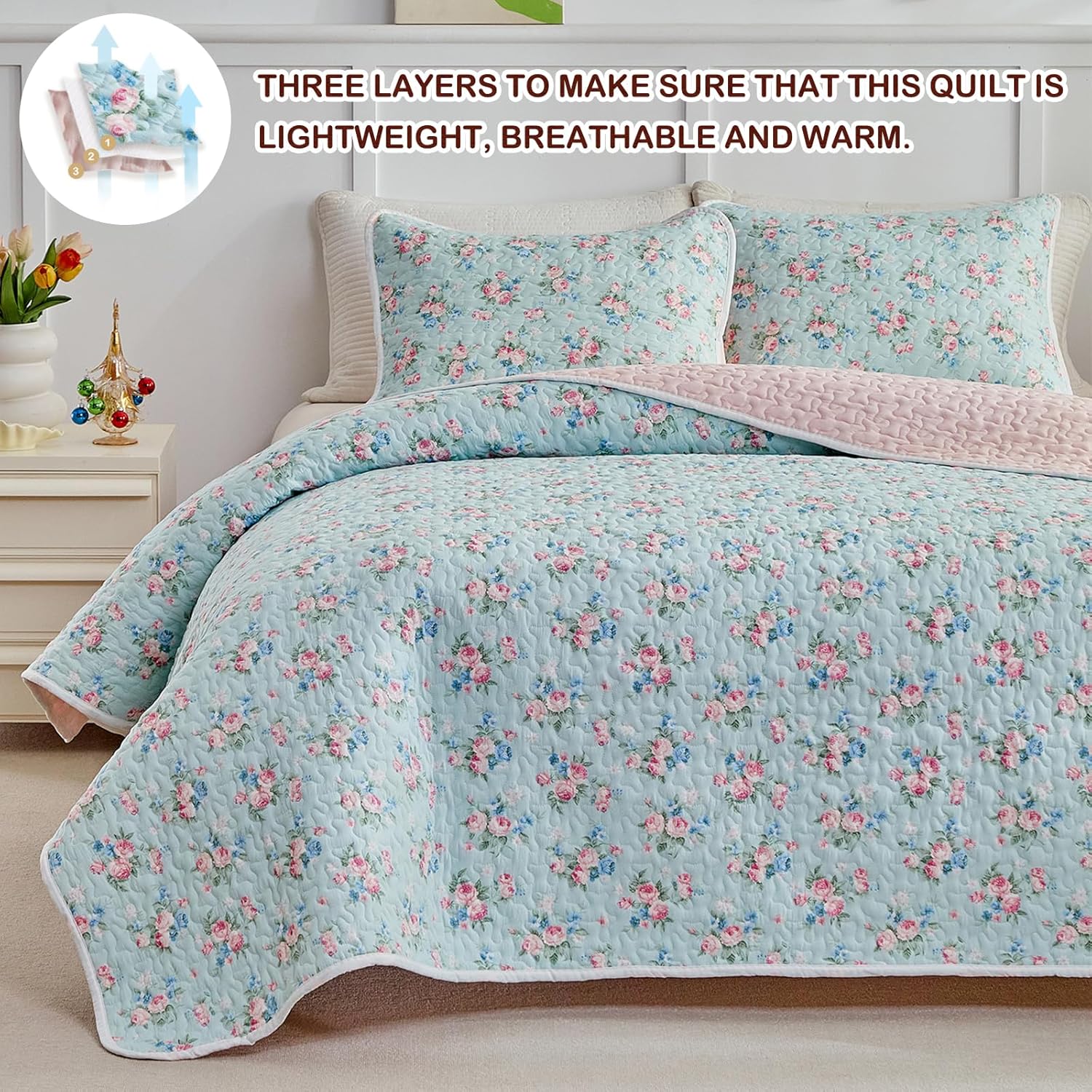 Joyreap Twin Size Floral Quilt Set for Girls, Pink Flowers on Blue Design, 3pcs Microfiber Lightweight Quilt Bedding Set, Bedspread Bed Cover for All Season- 68x88 inches - Image 3