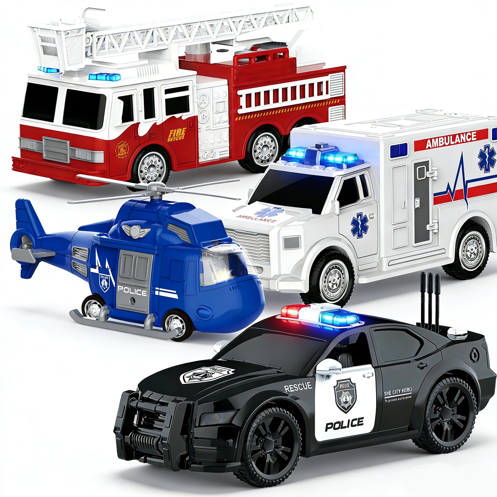 4 Packs Fire Truck Toy, Ambulance, Police Car, and Helicopter, Emergency Vehicle Truck Toy Set with Lights and Sounds, Friction Powered Car Toy for Toddler Boys 3 4 5 6 Years Old