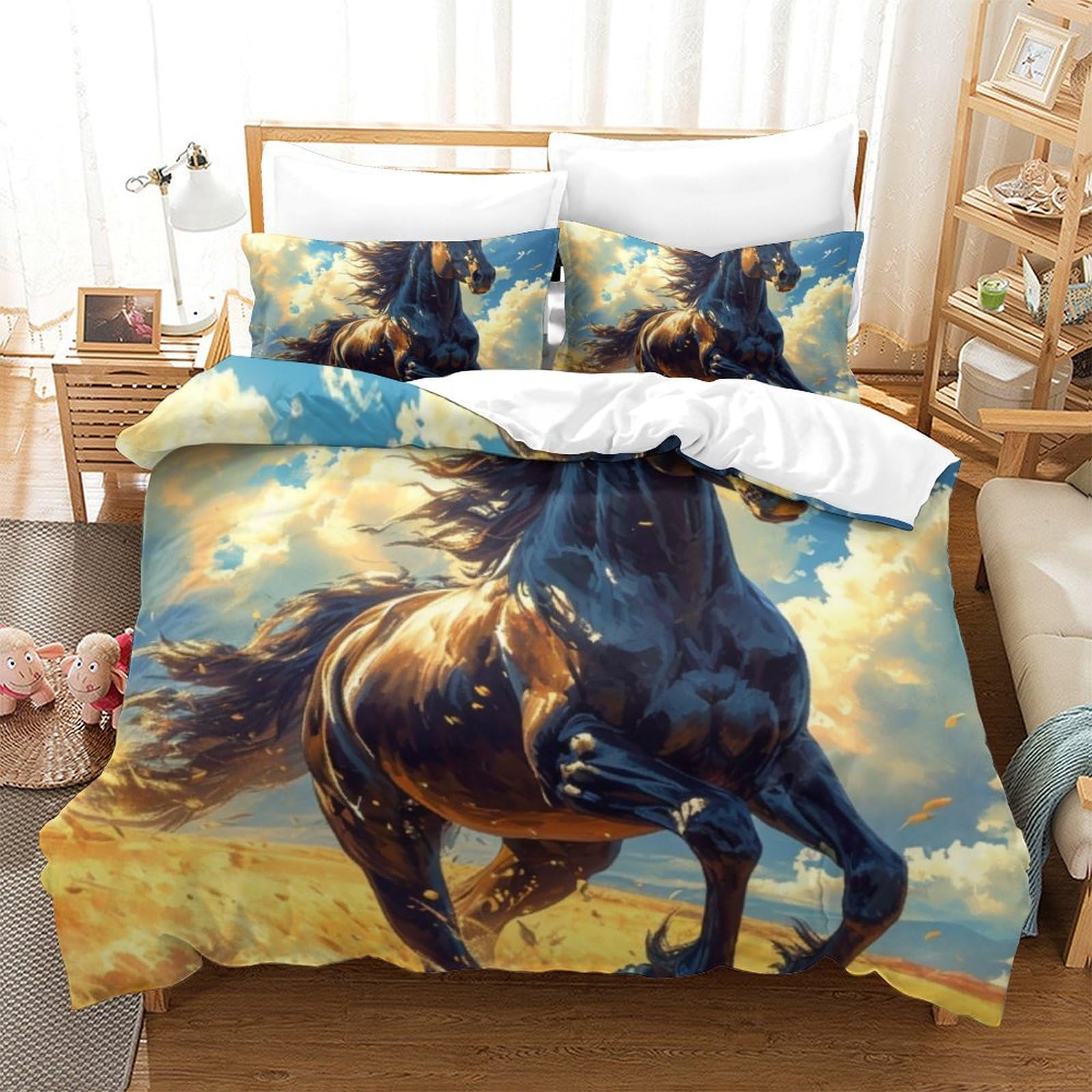 Housse de couette cheval impression 3D 3 pièces 260x220 cm avec zip