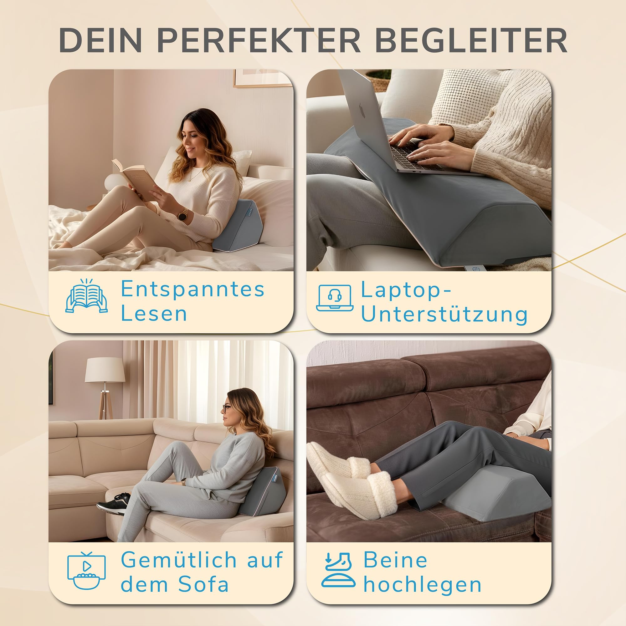 PEZE® Rückenkissen für Bett & Sofa (grau) Keilkissen & Lesekissen für Erwachsene - Kissen Knie, Beine, Rücken, Dekubitus - Bettsitzkissen zum Anlehnen & Hochlagern - orthopädisches Rückenstützkissen